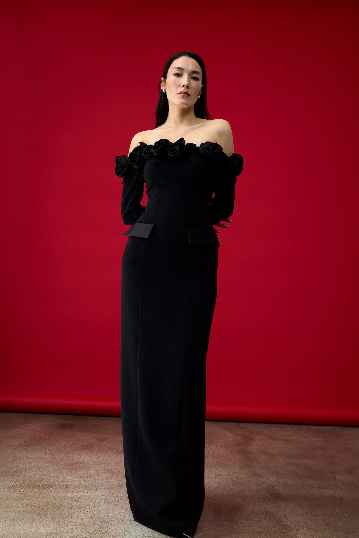 Off the Shoulder Rose Applique Long Sleeve Evening Dress