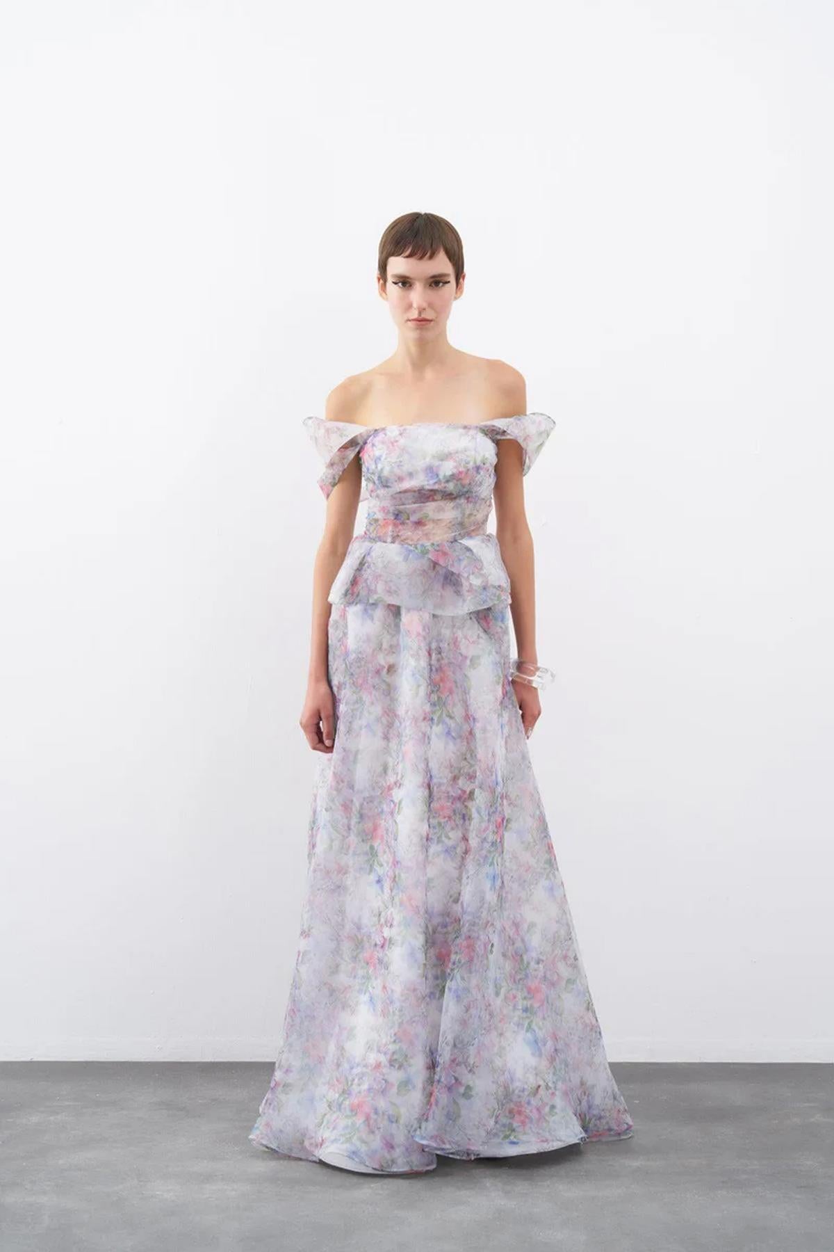 Floral Patterned Off Shoulder Organza Long Evening Dress