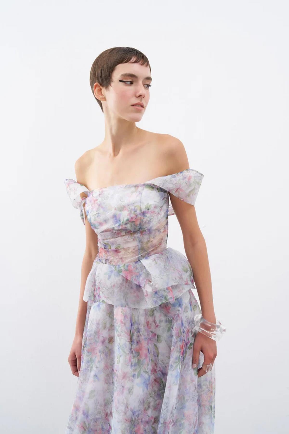 Floral Patterned Off Shoulder Organza Long Evening Dress