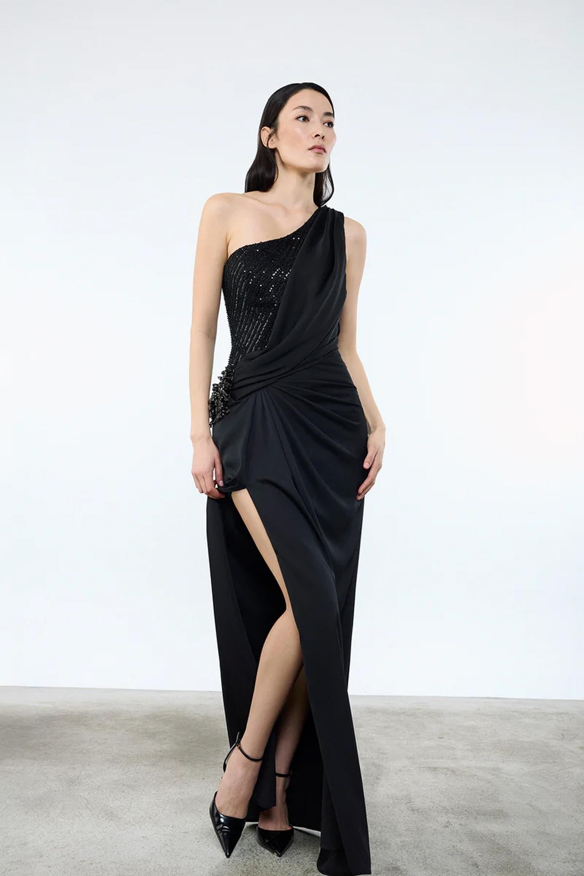 Draped One Shoulder Sequined Slit Evening Dress