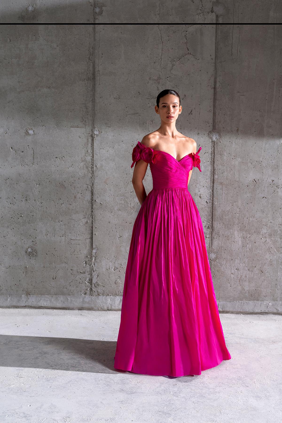 Off the Shoulder Rose Appliqued Princess Cut Long Evening Dress