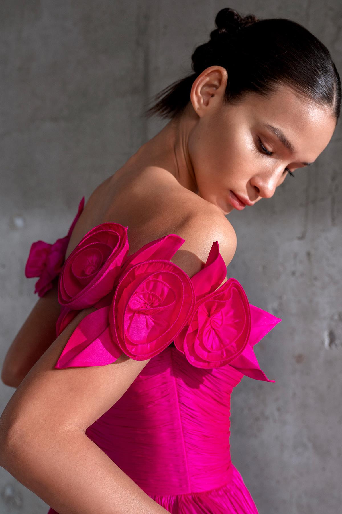 Off the Shoulder Rose Appliqued Princess Cut Long Evening Dress