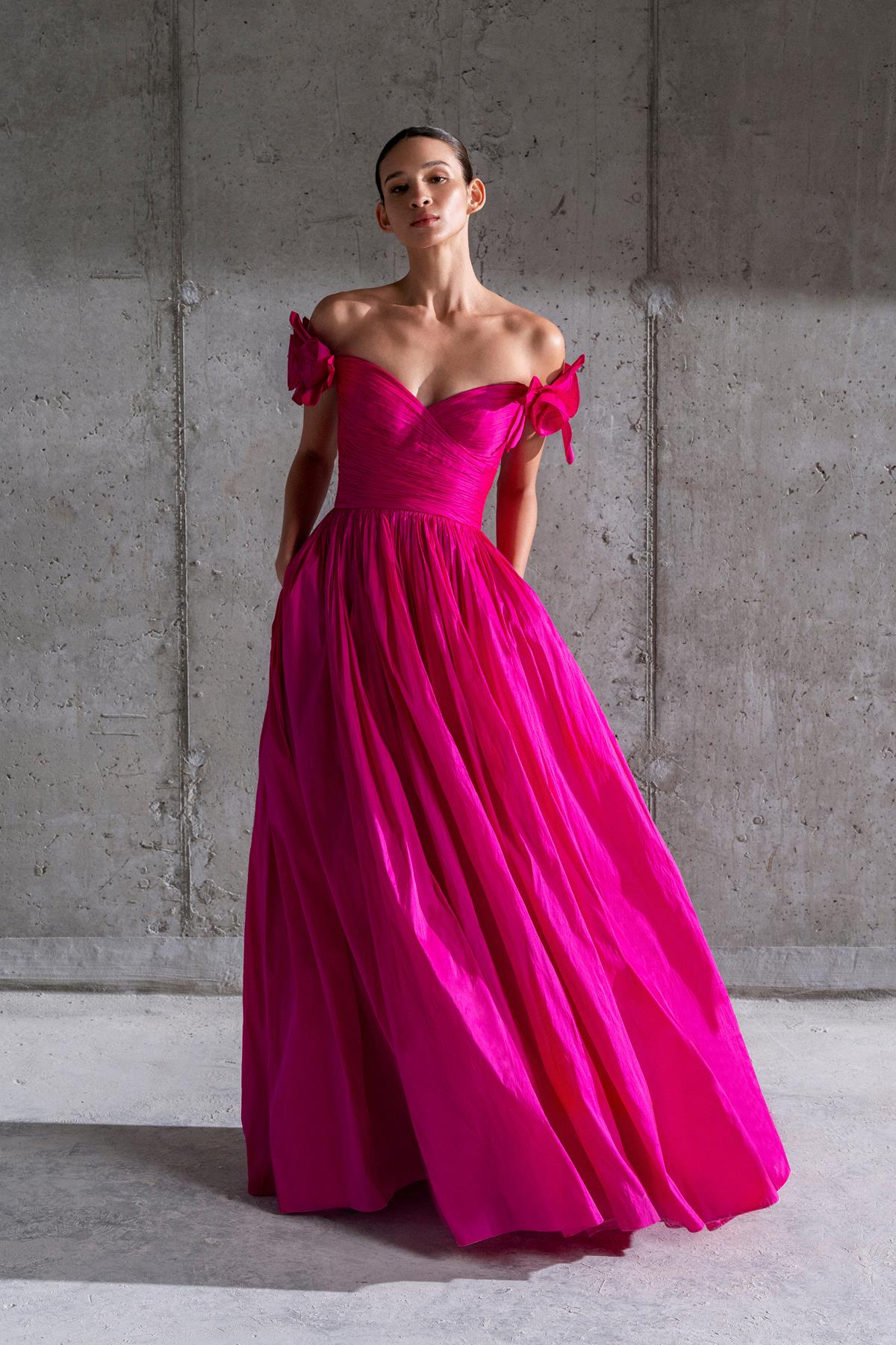 Off the Shoulder Rose Appliqued Princess Cut Long Evening Dress