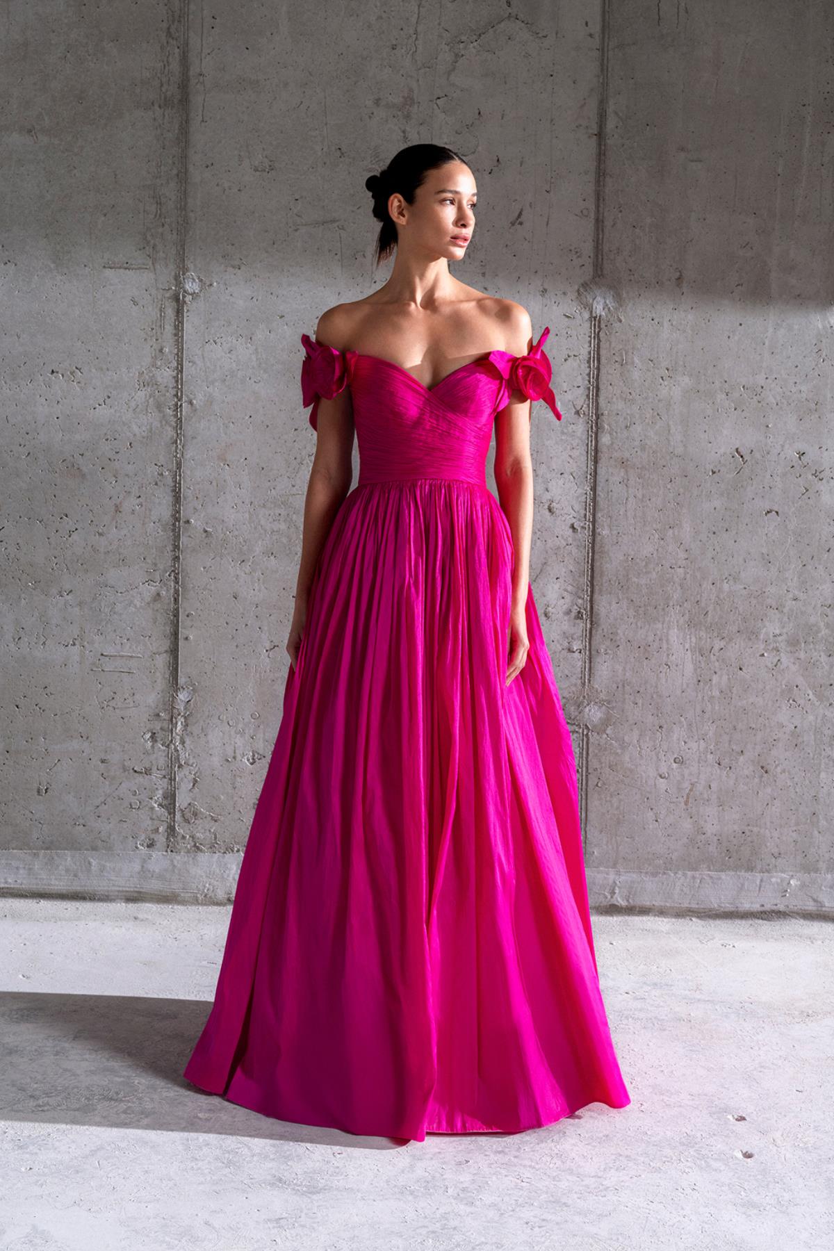 Off the Shoulder Rose Appliqued Princess Cut Long Evening Dress