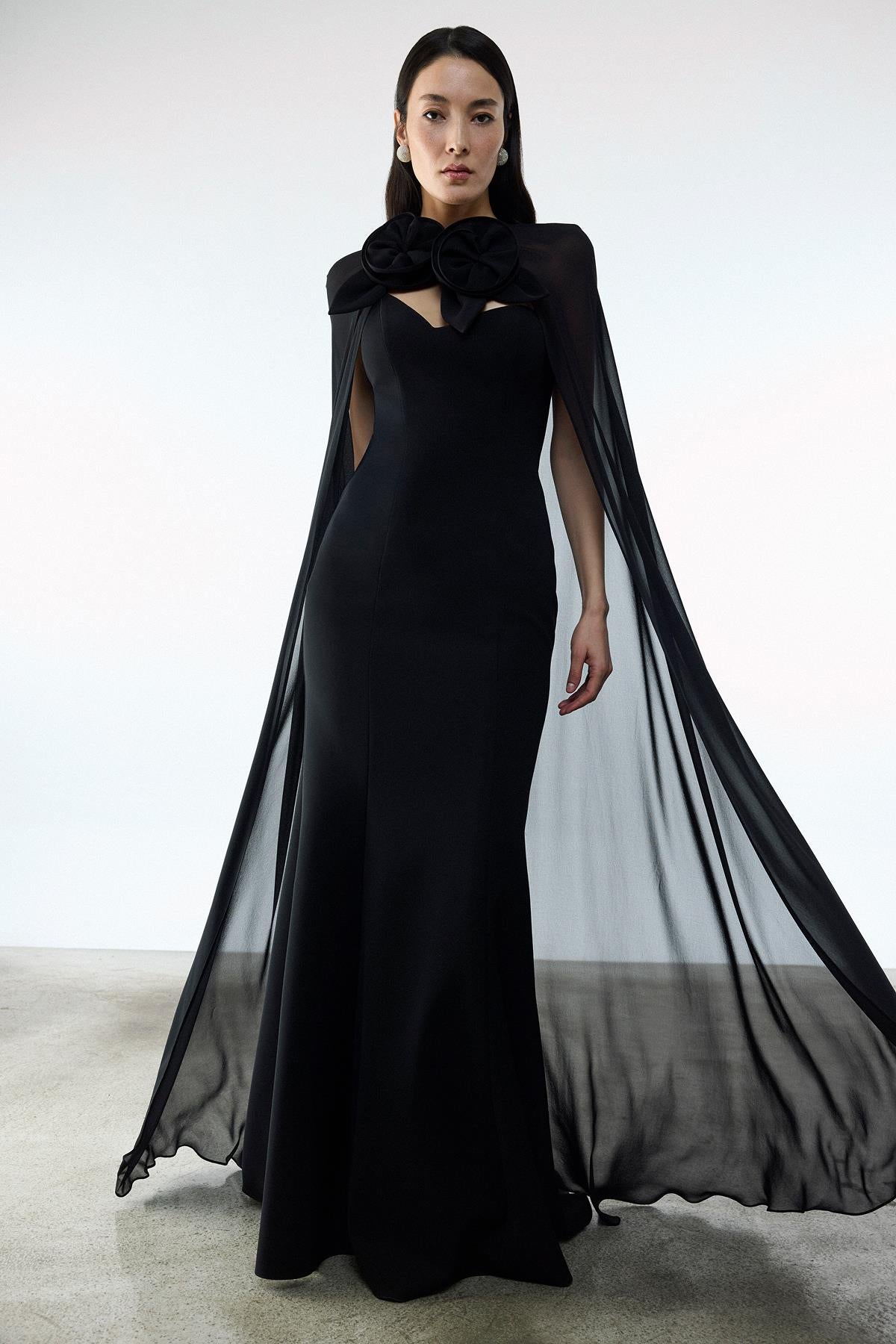 Strapless Long Evening Dress with Rose Detailed Tulle Cape