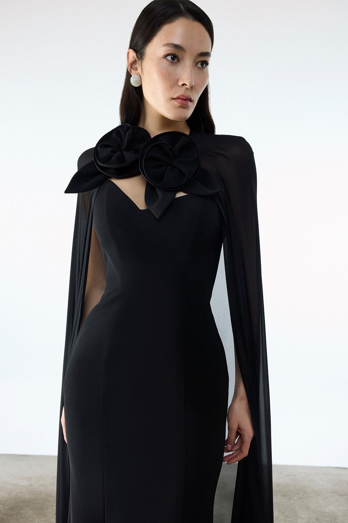 Strapless Long Evening Dress with Rose Detailed Tulle Cape