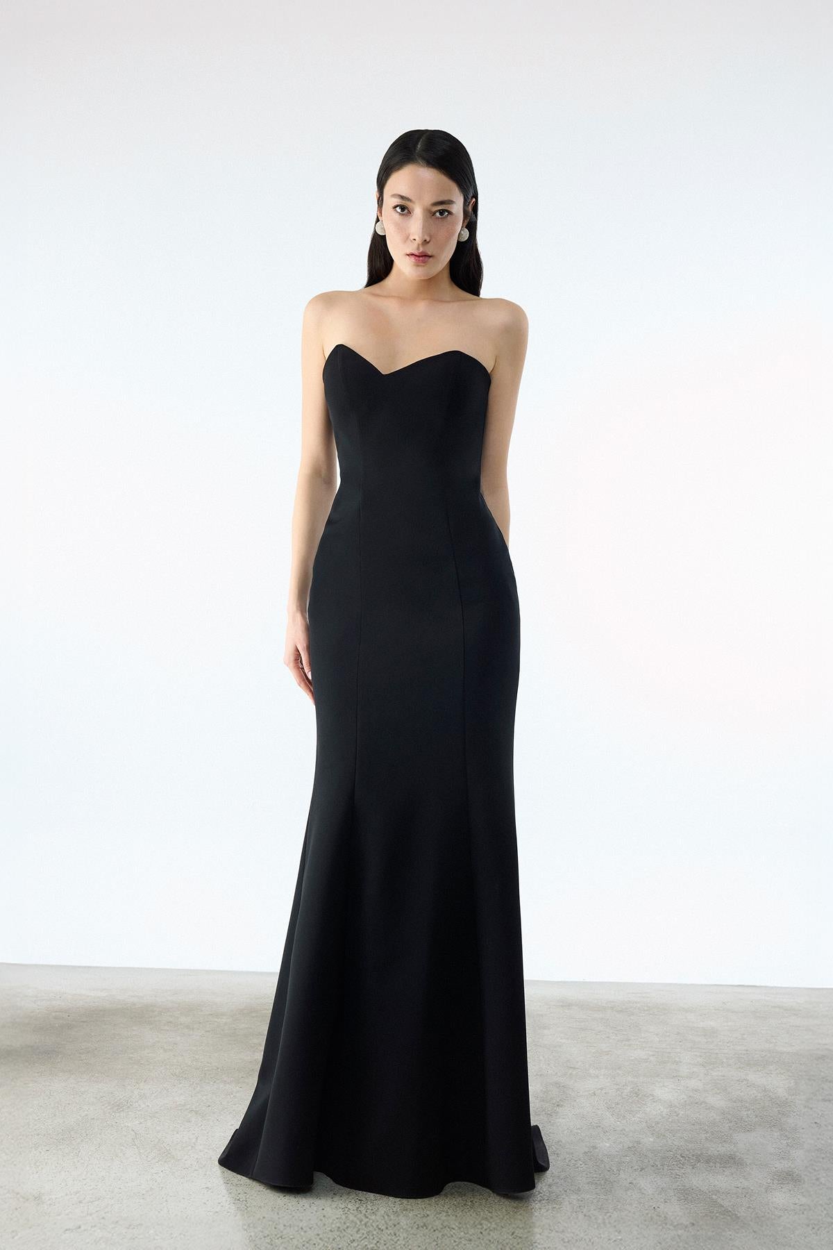 Strapless Long Evening Dress with Rose Detailed Tulle Cape