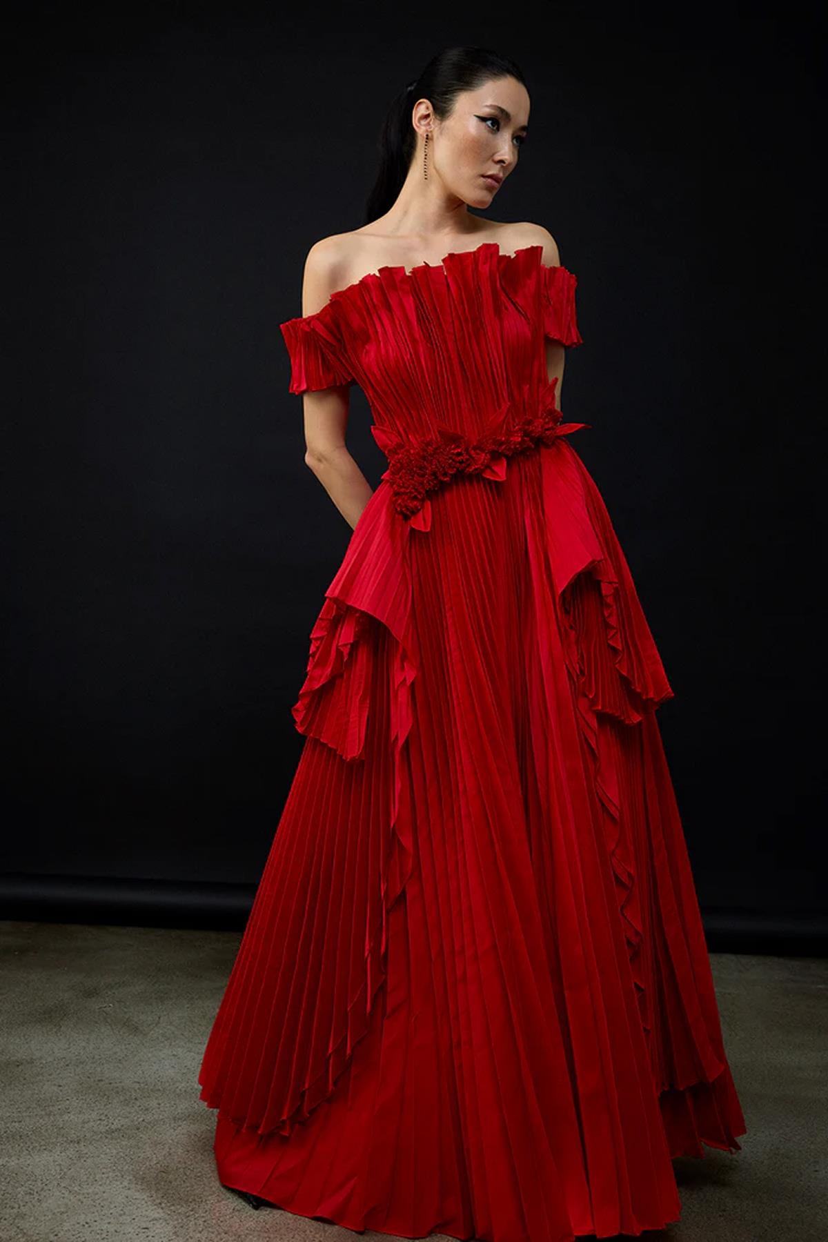 Pileli Straplez Prenses Kesim Abiye