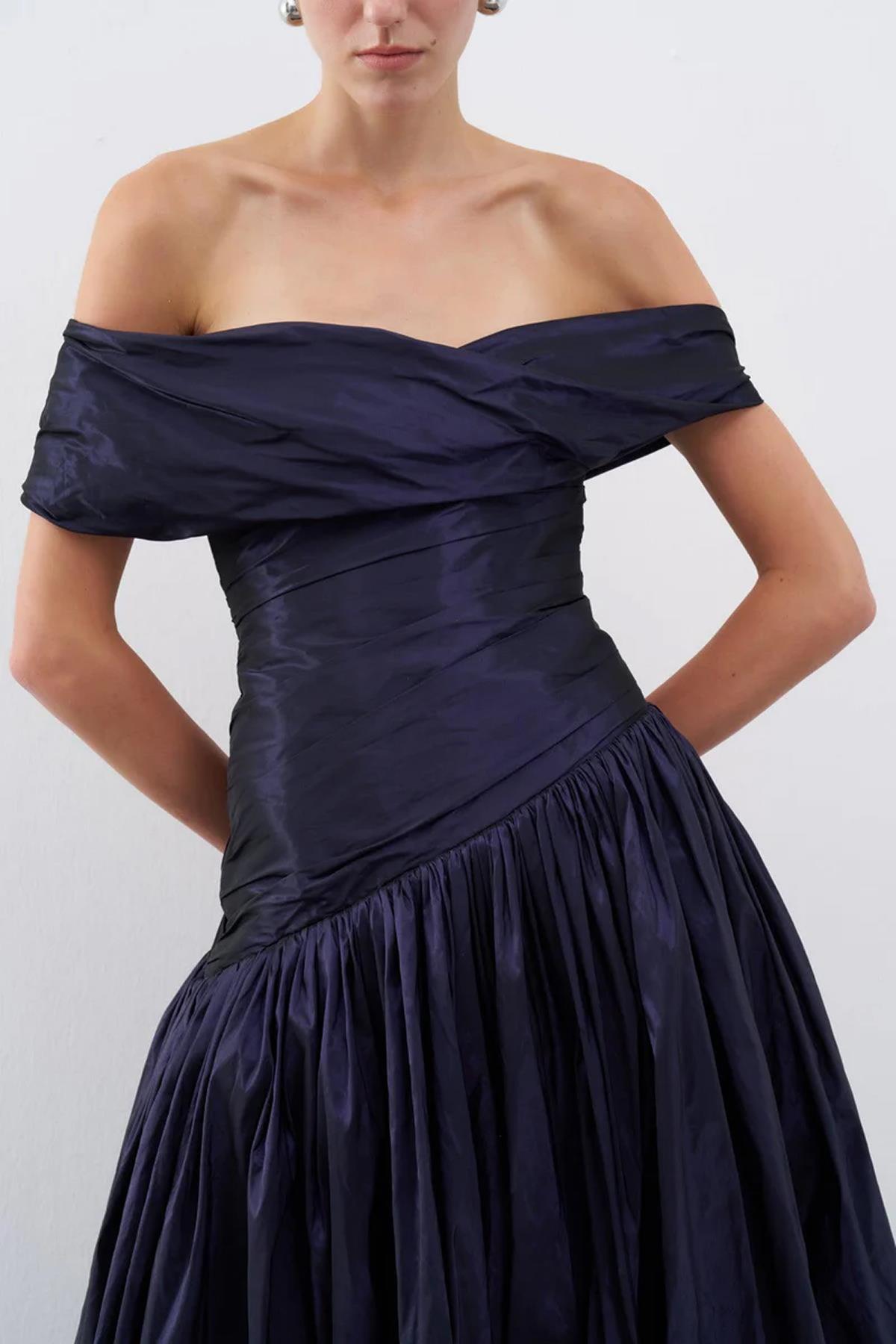 Taffeta Boat Neck Puffy Long Evening Dress