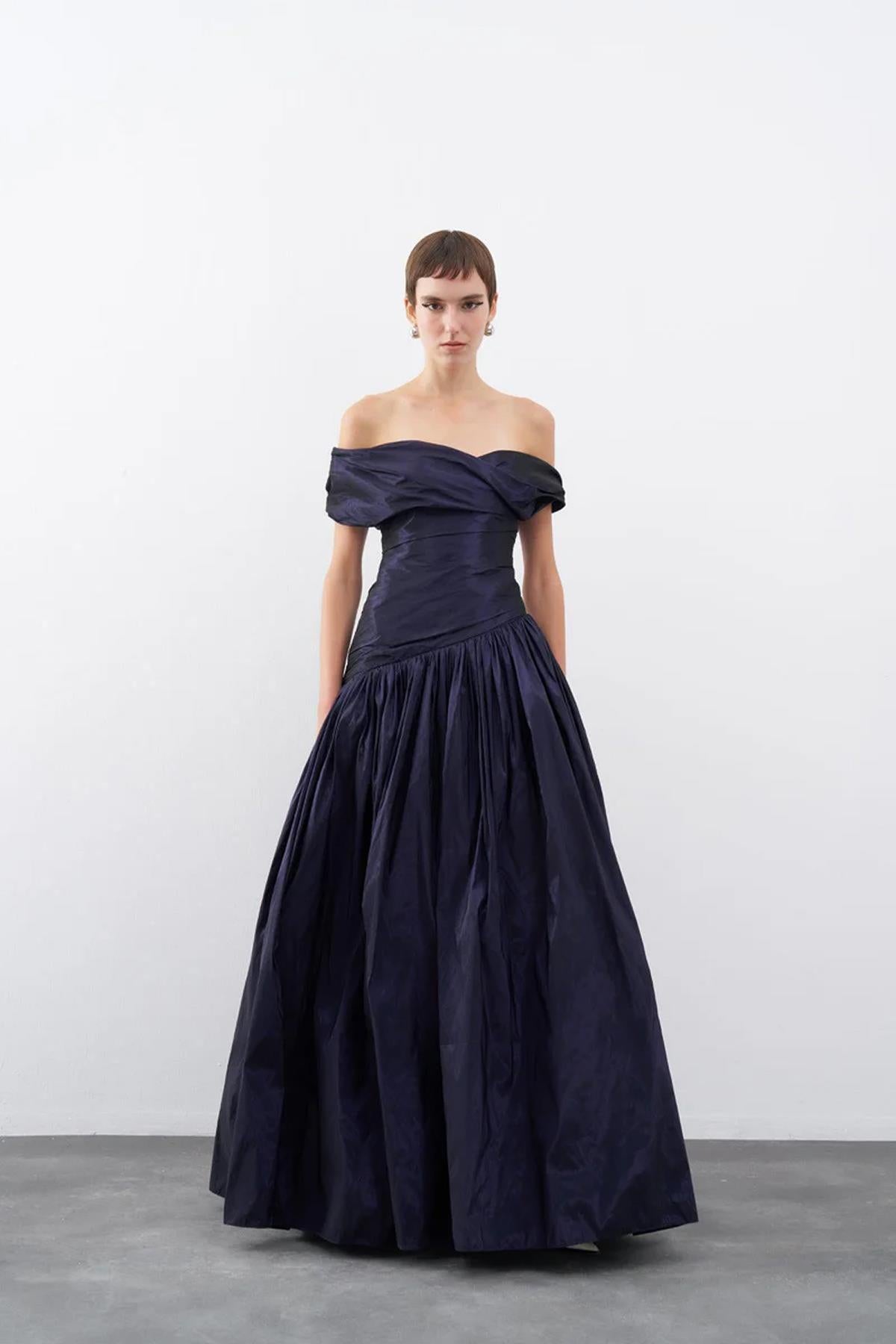 Taffeta Boat Neck Puffy Long Evening Dress