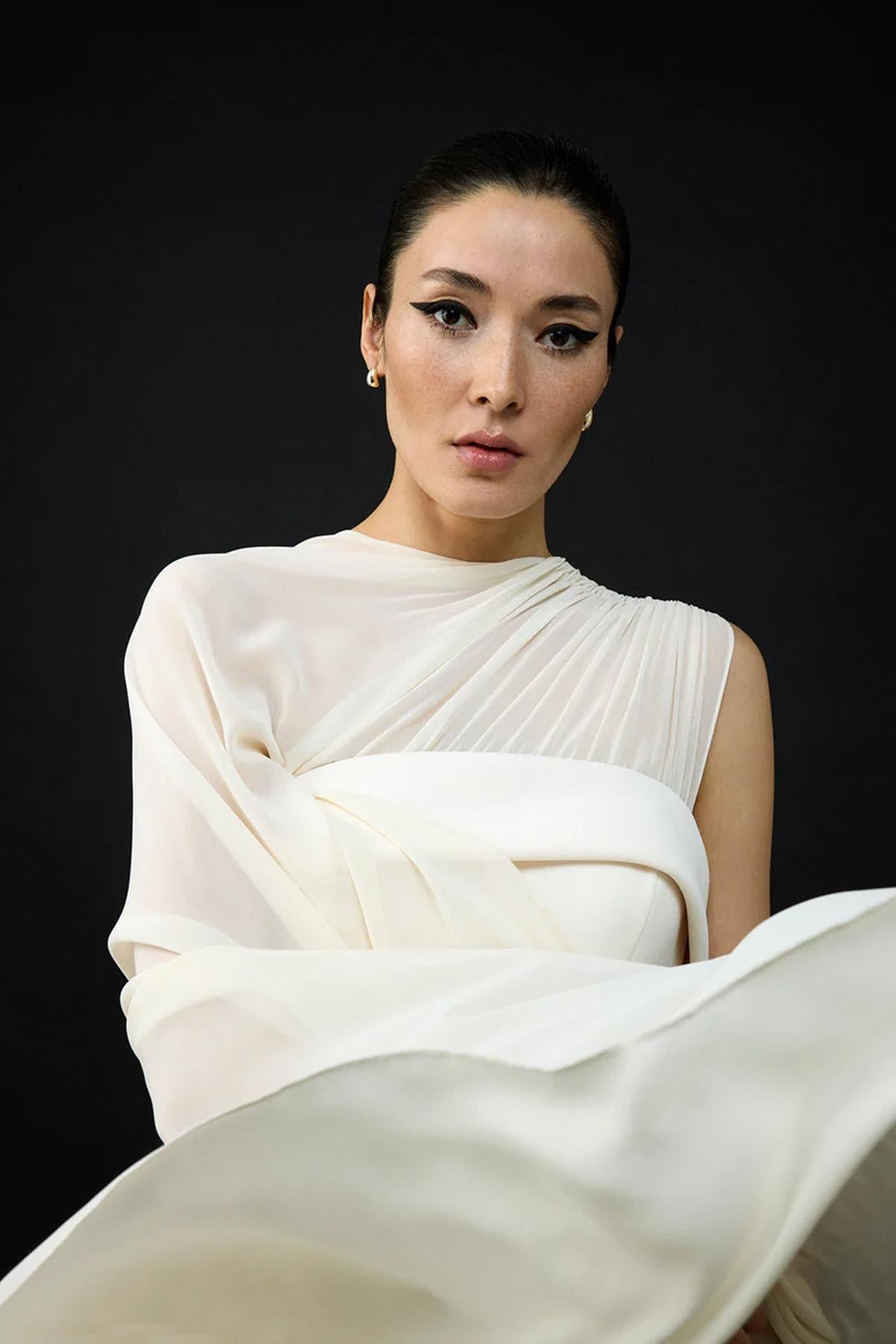 Tulle Cape Back Bow Detail Strapless Long Evening Dress