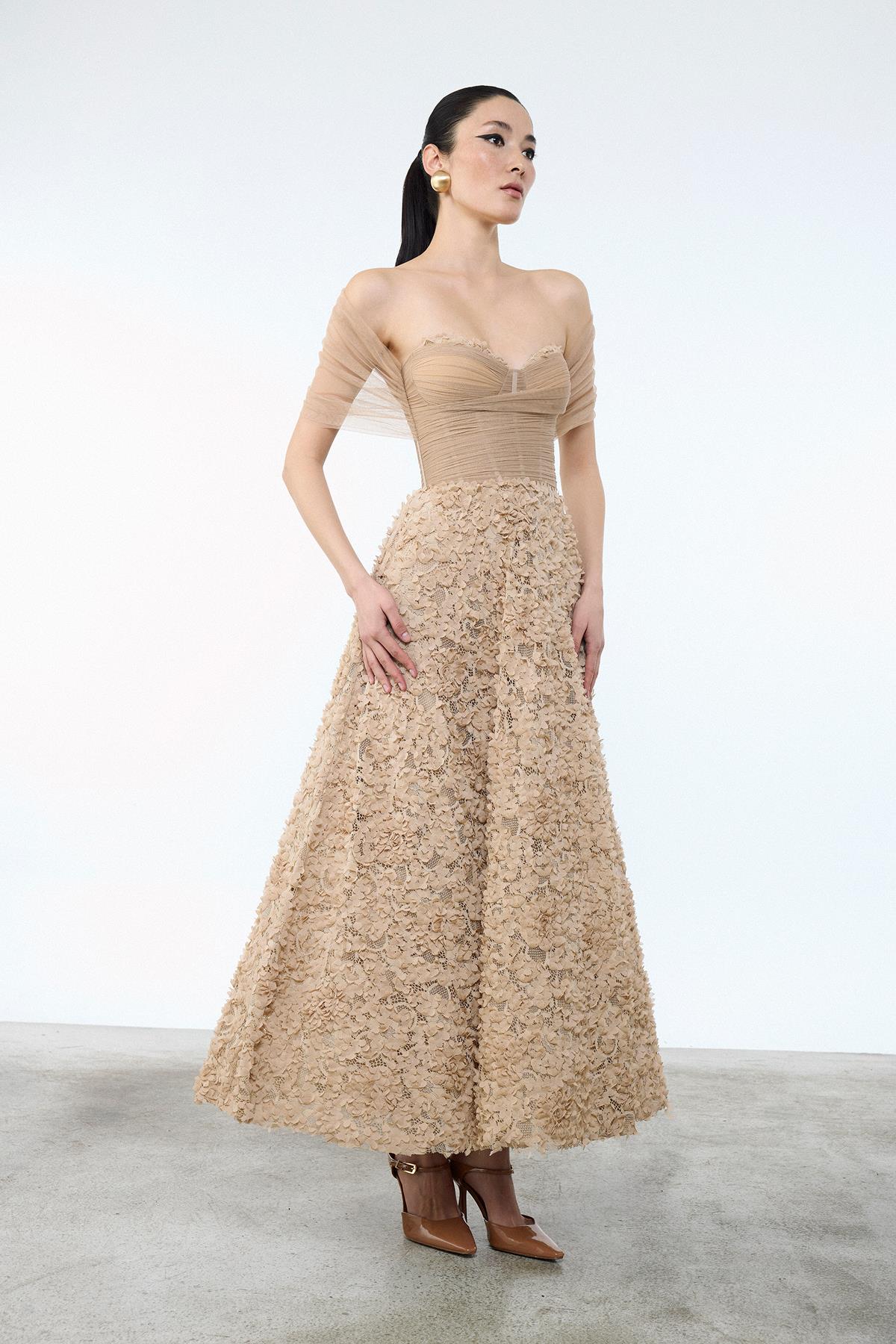 Flower Appliqued Transparent Bust Detail Long Evening Dress