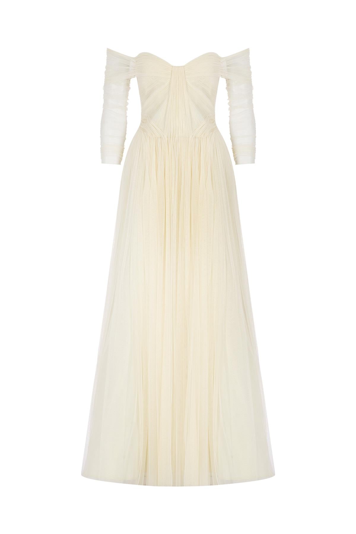 Transparan Tül Kollu Straplez Uzun Abiye