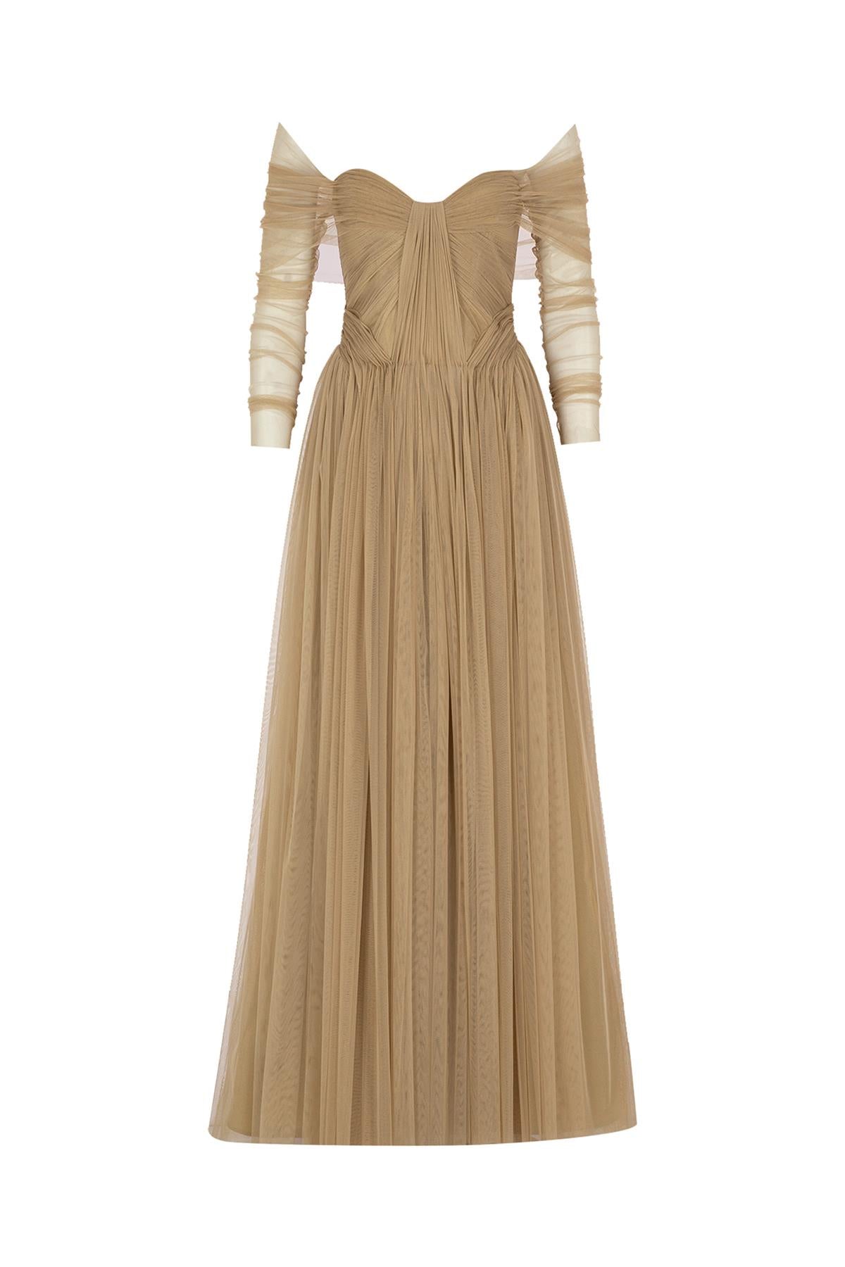 Transparan Tül Kollu Straplez Uzun Abiye