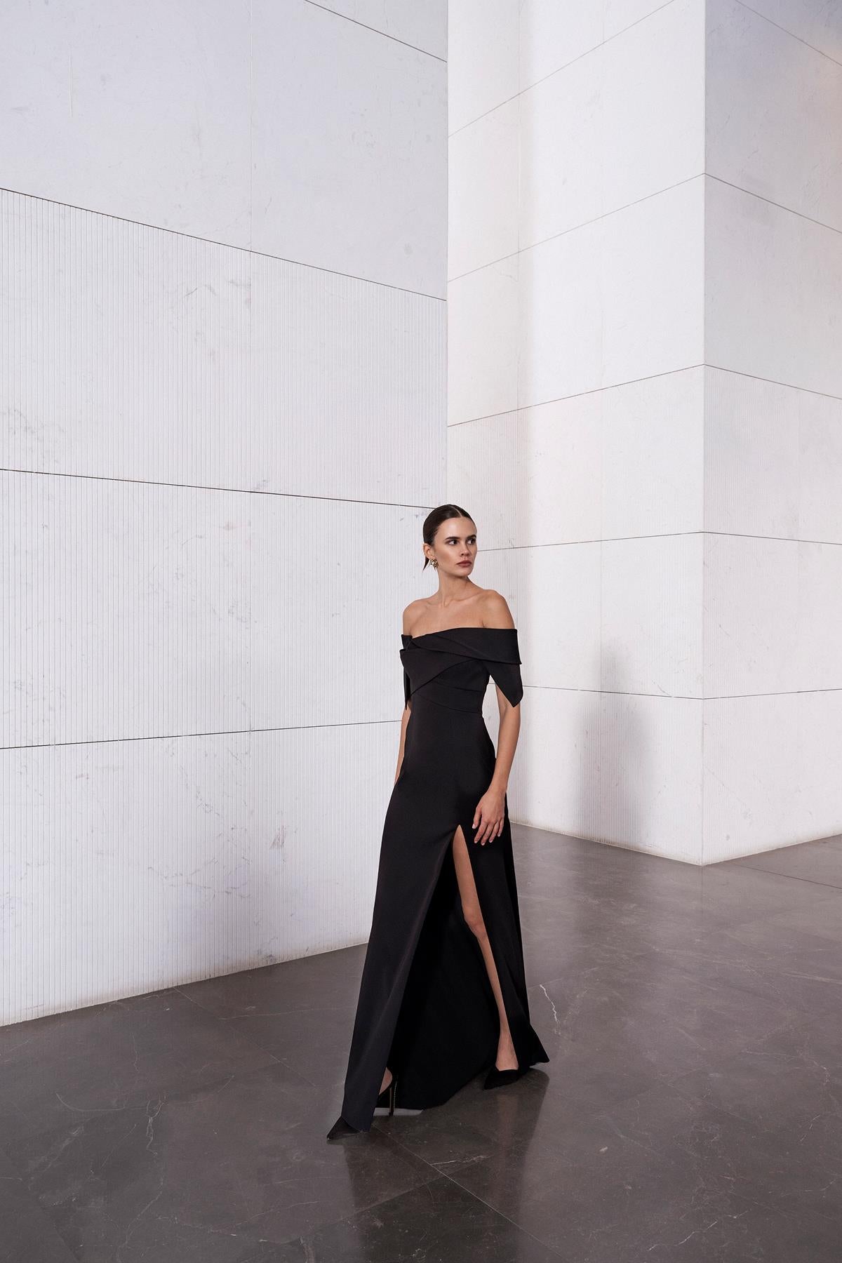 Draped Off-the-Shoulder Slit Detailed Long Evening Dress