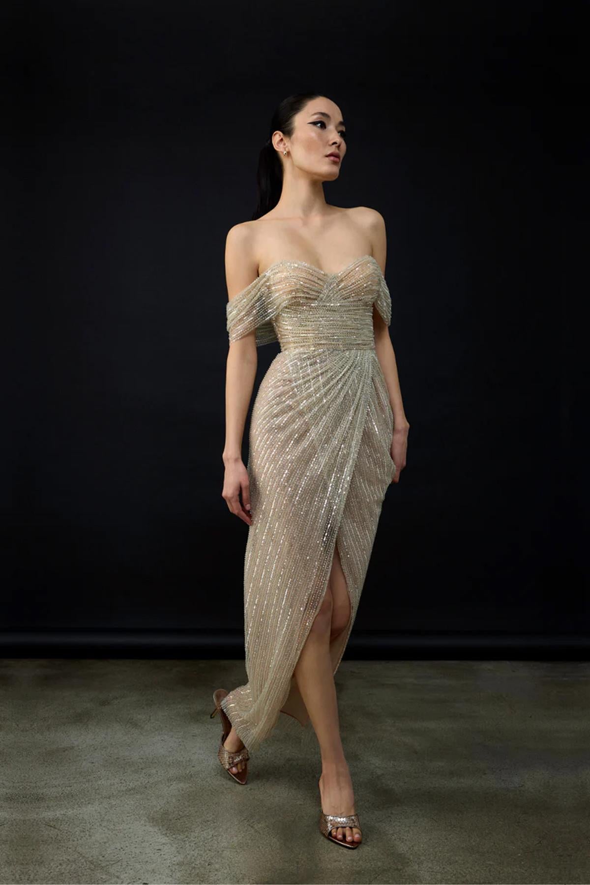 Strapless Slit Long Evening Dress with Sequin Detail