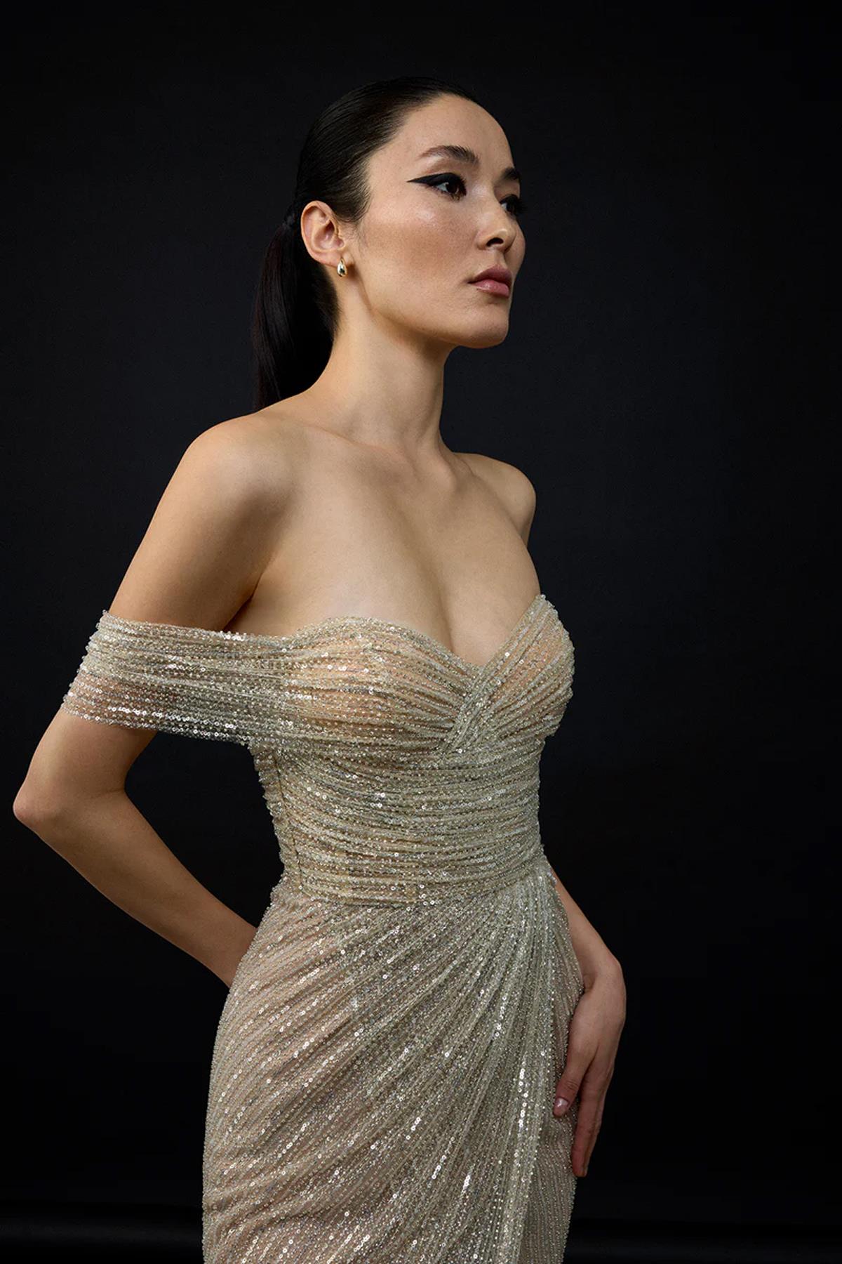 Strapless Slit Long Evening Dress with Sequin Detail