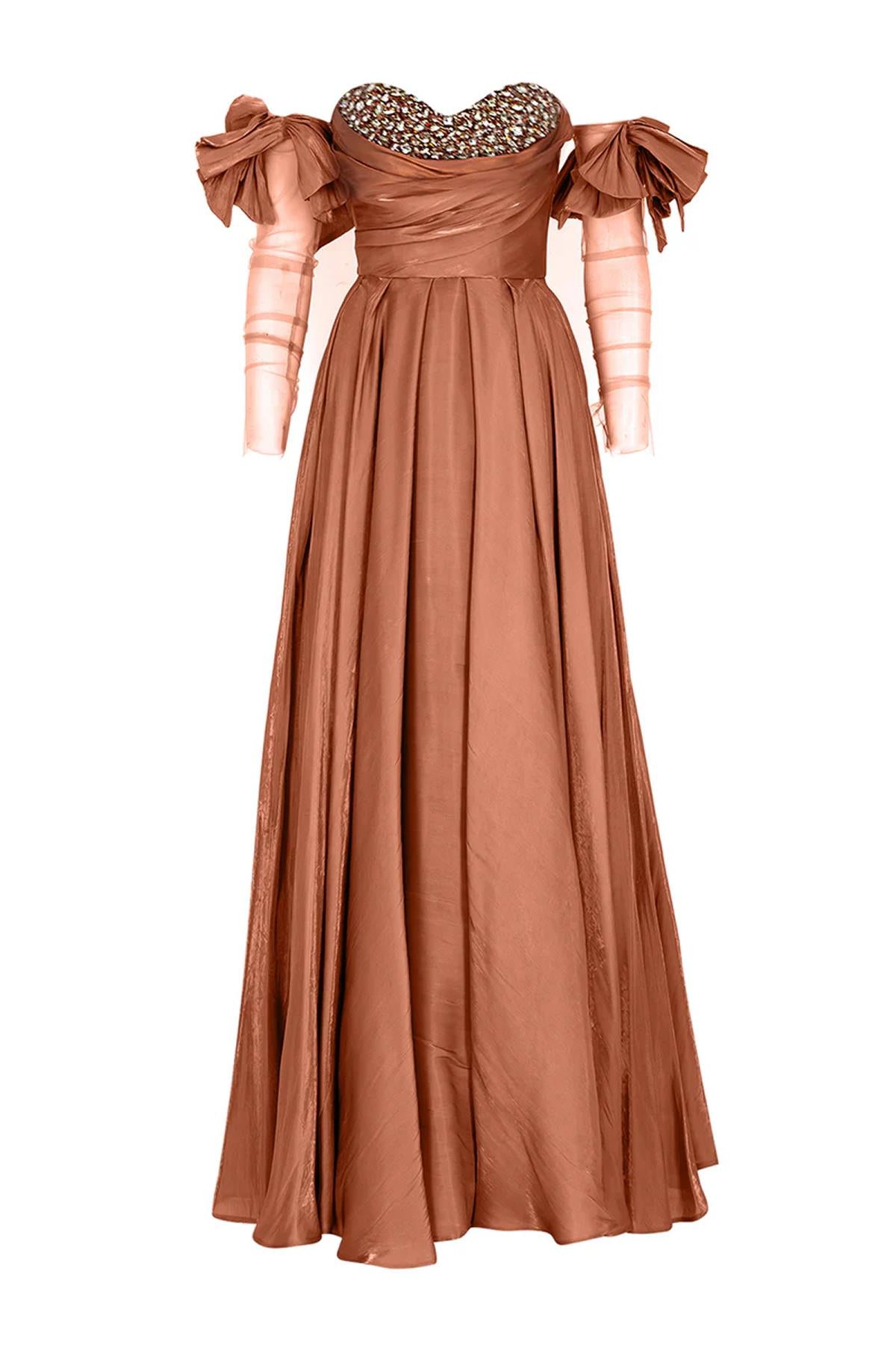 Stone Embroidered Strapless Satin Evening Dress