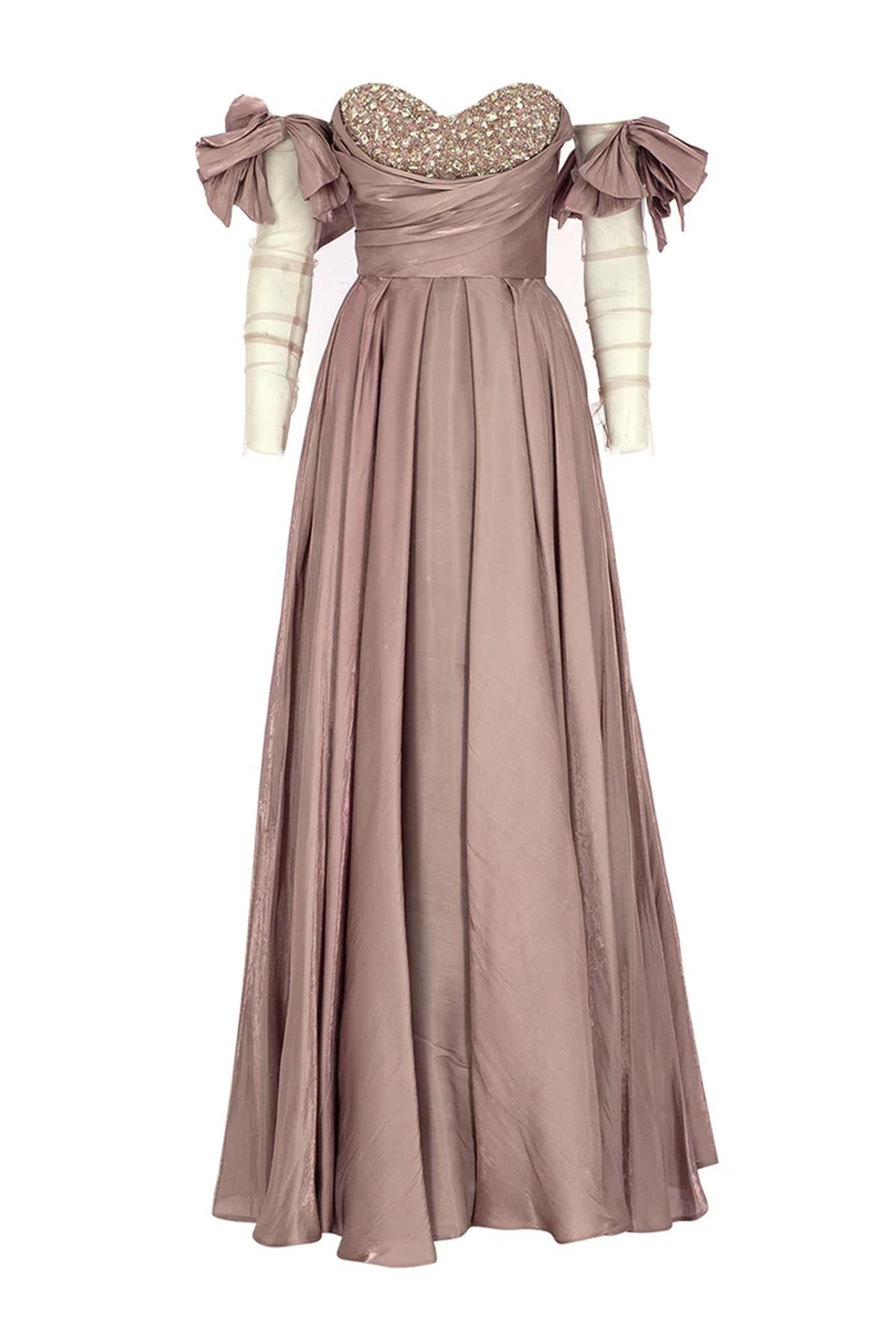 Stone Embroidered Strapless Satin Evening Dress