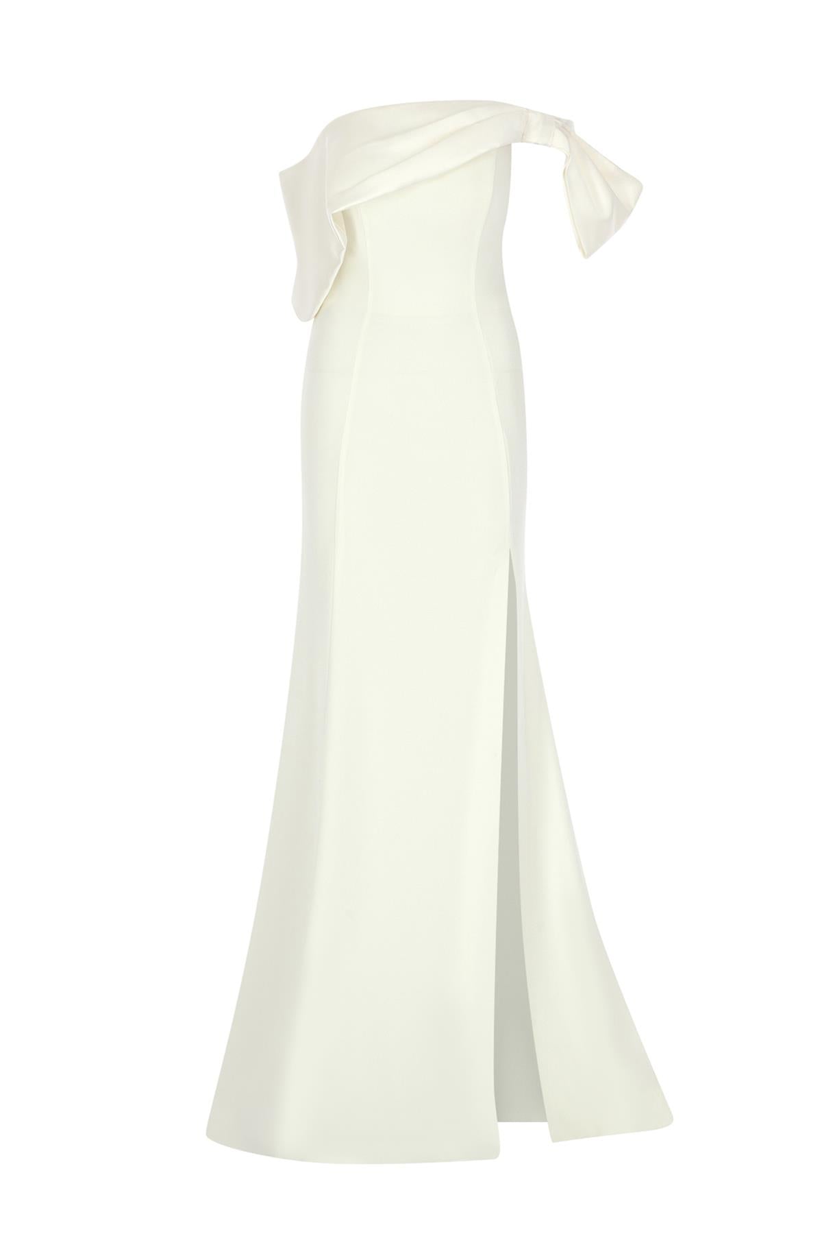 Bow Detailed Off-the-Shoulder Slit Long Dress