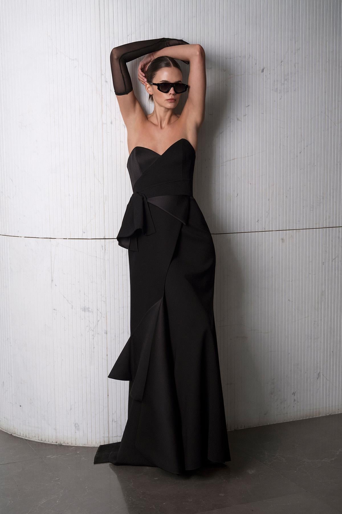 Strapless Draped Satin Long Evening Dress