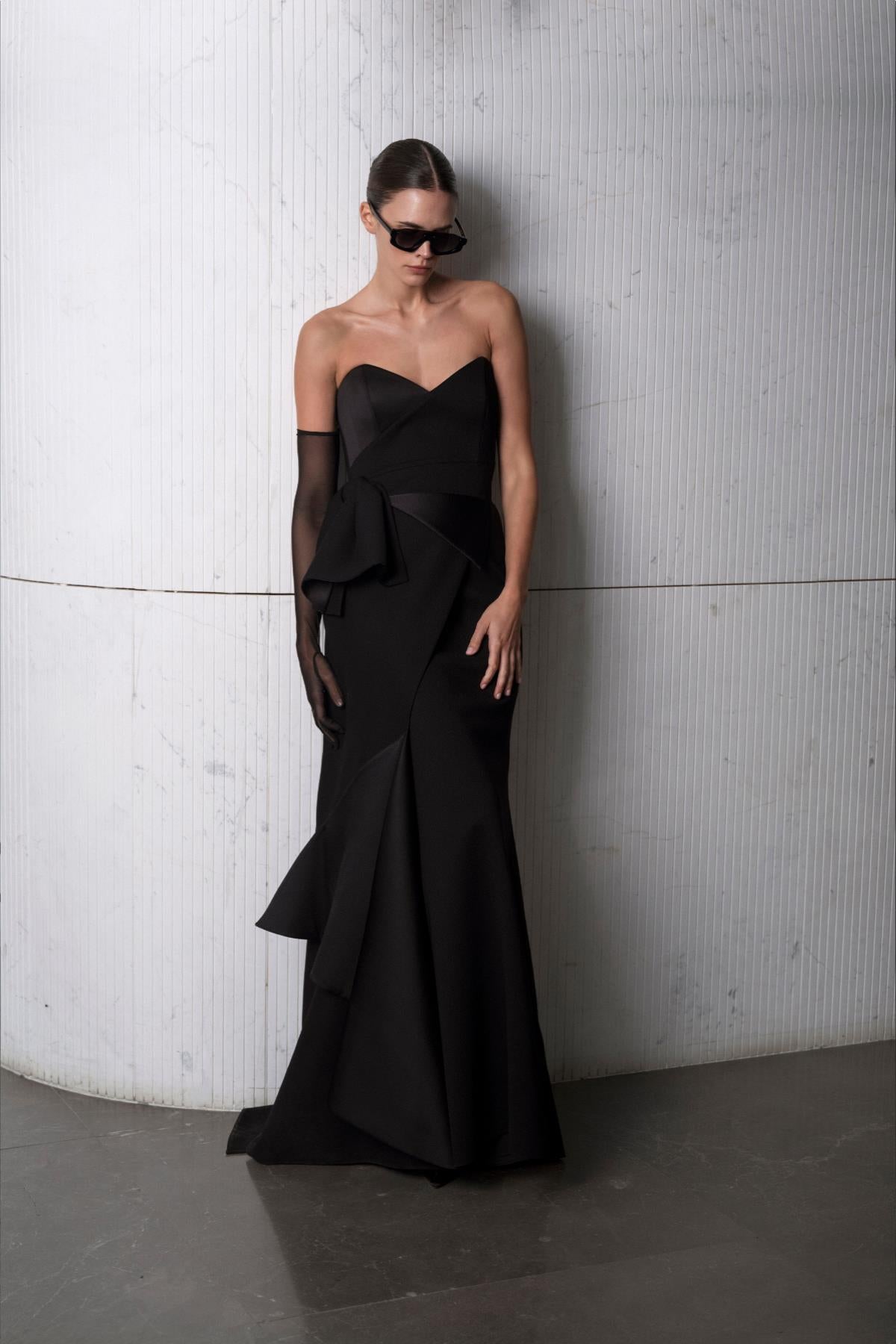 Strapless Draped Satin Long Evening Dress