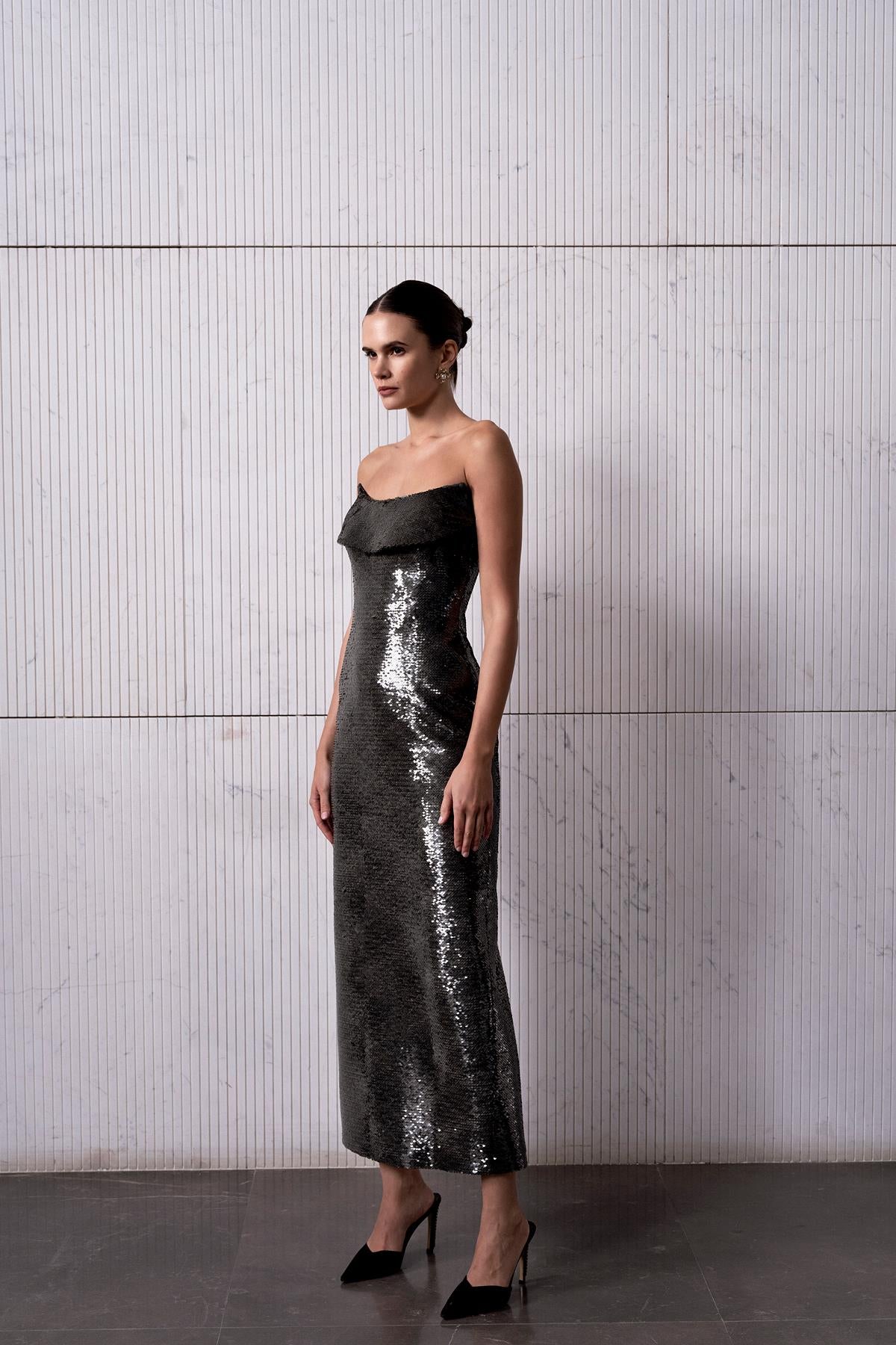 Strapless Sequined Midi Evening Dress