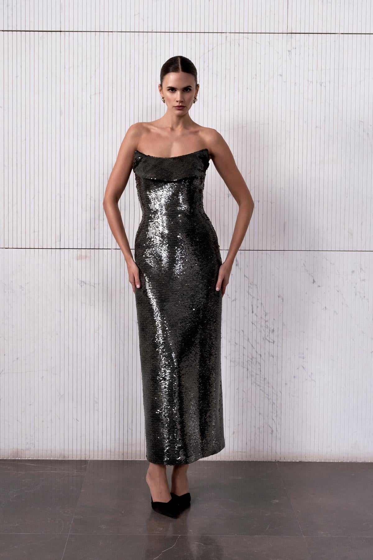 Strapless Sequined Midi Evening Dress