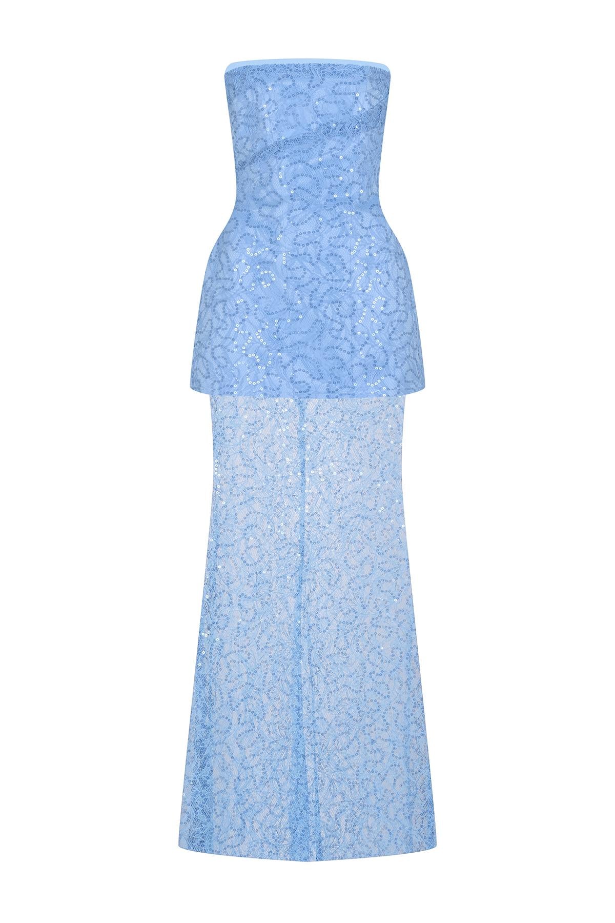 فستان سهرة بدون حمالات مزين بالأحجار والترتر