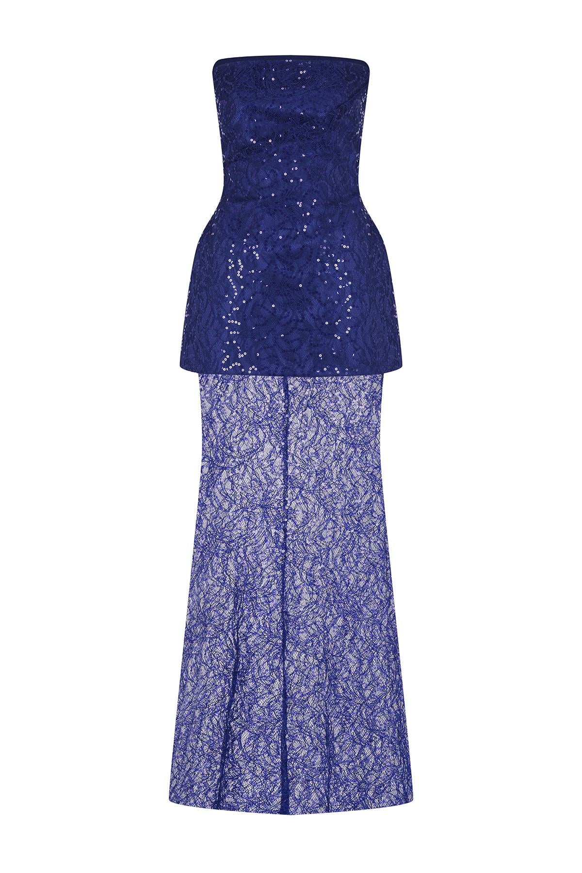 فستان سهرة بدون حمالات مزين بالأحجار والترتر