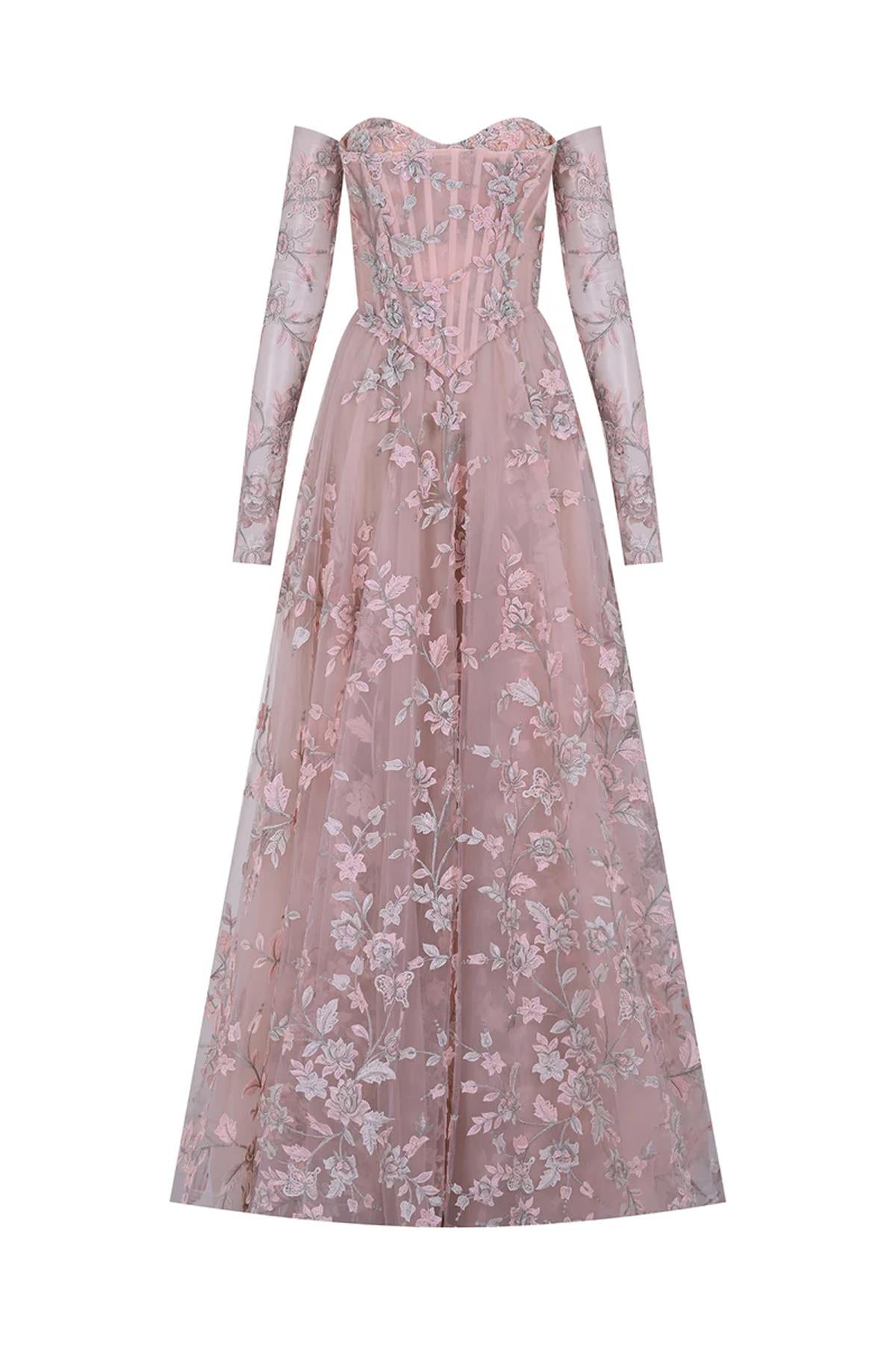 Üç Boyut Çiçekli Eldivenli Abiye Elbise