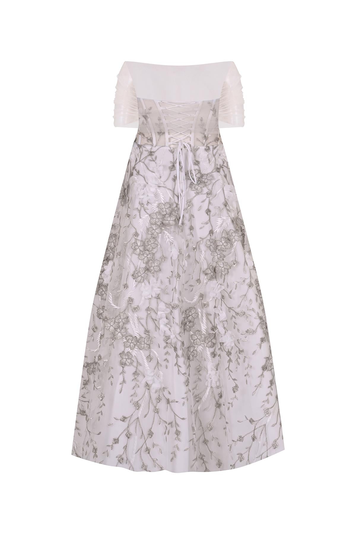 Üç Boyut Çiçek Detaylı Düşük Omuz Abiye Elbise