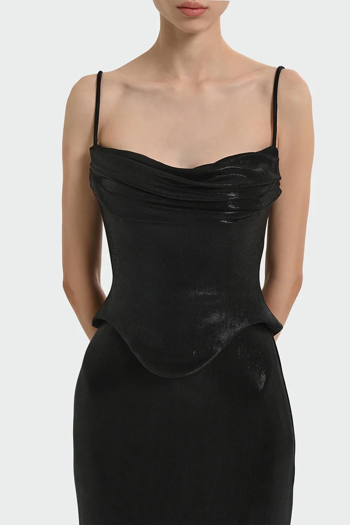 İnce Askılı Drape Detaylı Abiye Elbise