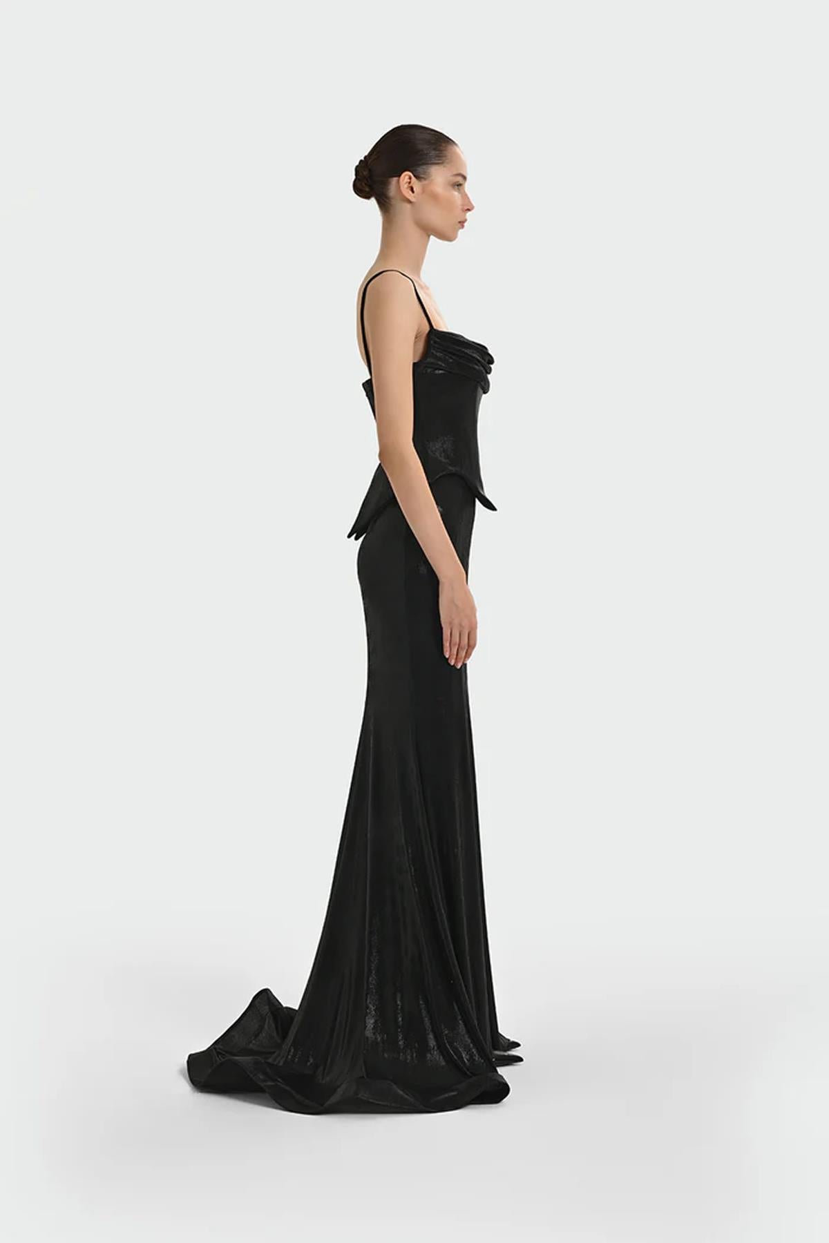 İnce Askılı Drape Detaylı Abiye Elbise
