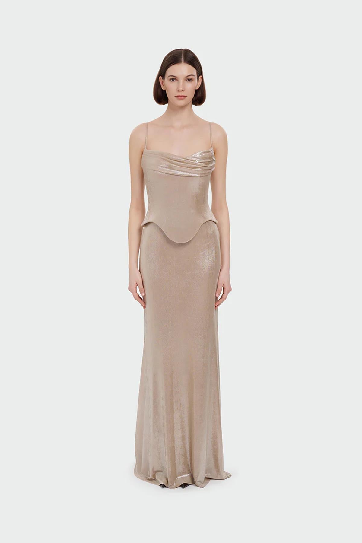 İnce Askılı Drape Detaylı Abiye Elbise