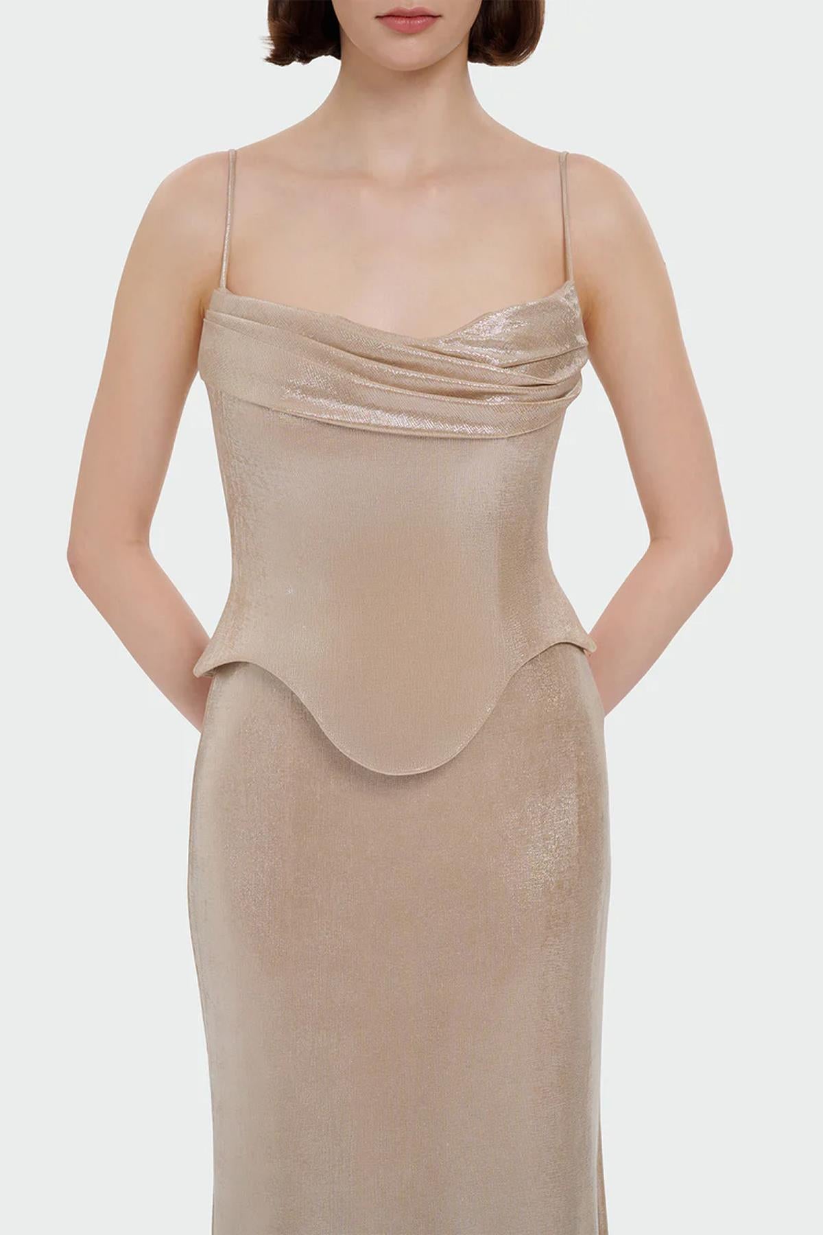 İnce Askılı Drape Detaylı Abiye Elbise