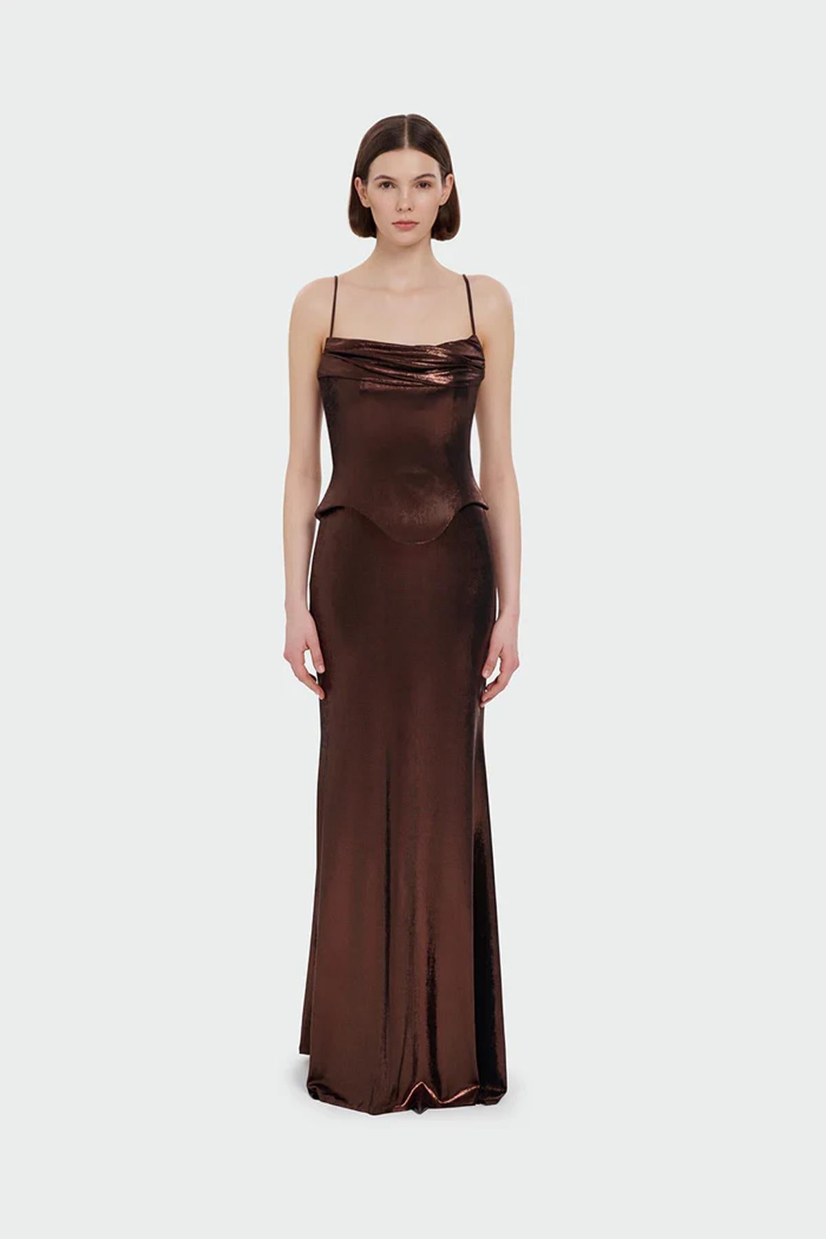 İnce Askılı Drape Detaylı Abiye Elbise