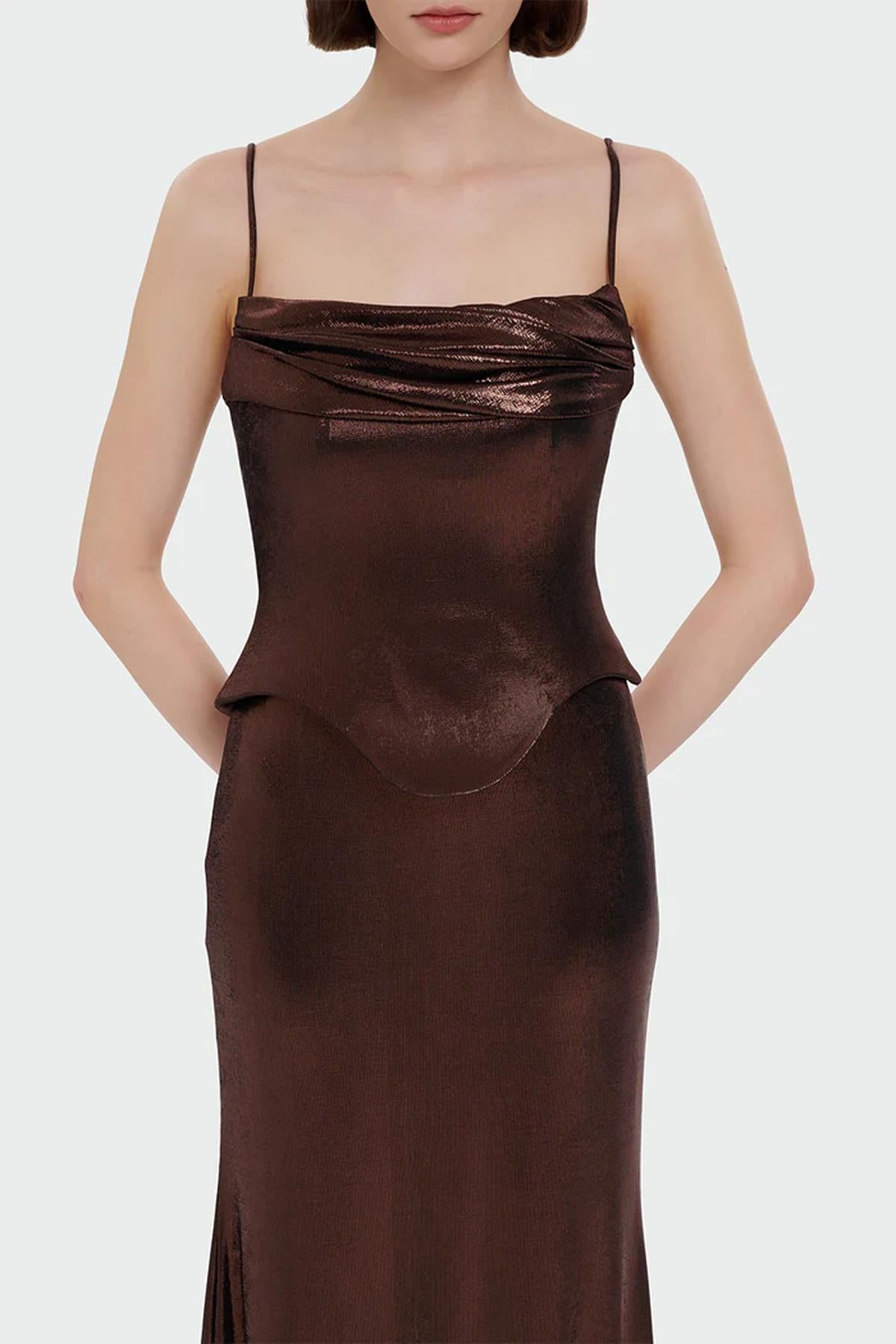 İnce Askılı Drape Detaylı Abiye Elbise