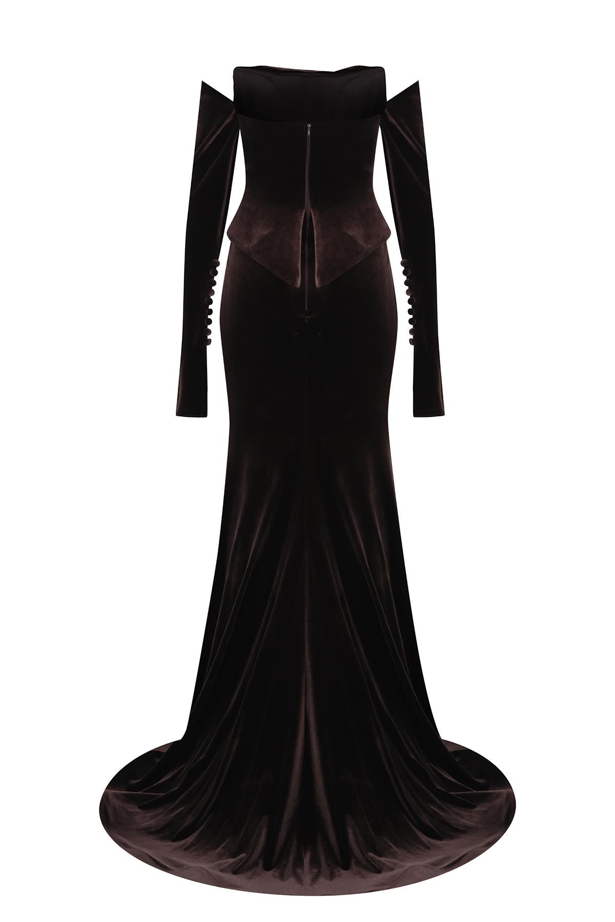 فستان سهرة مخملي بدون حمالات بأكمام قصيرة وقصة ذيل السمكة