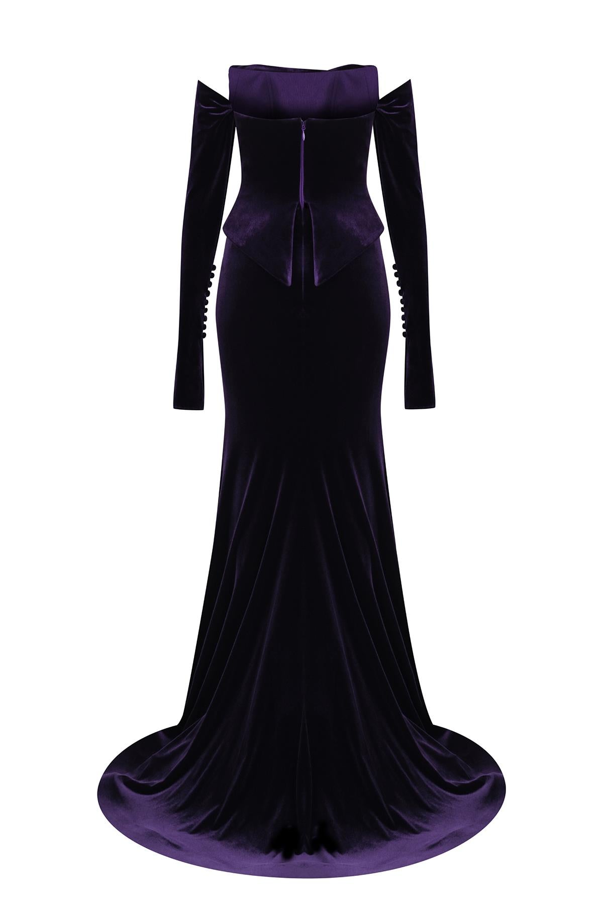 Straplez Düşük Kollu Balık Kadife Abiye Elbise