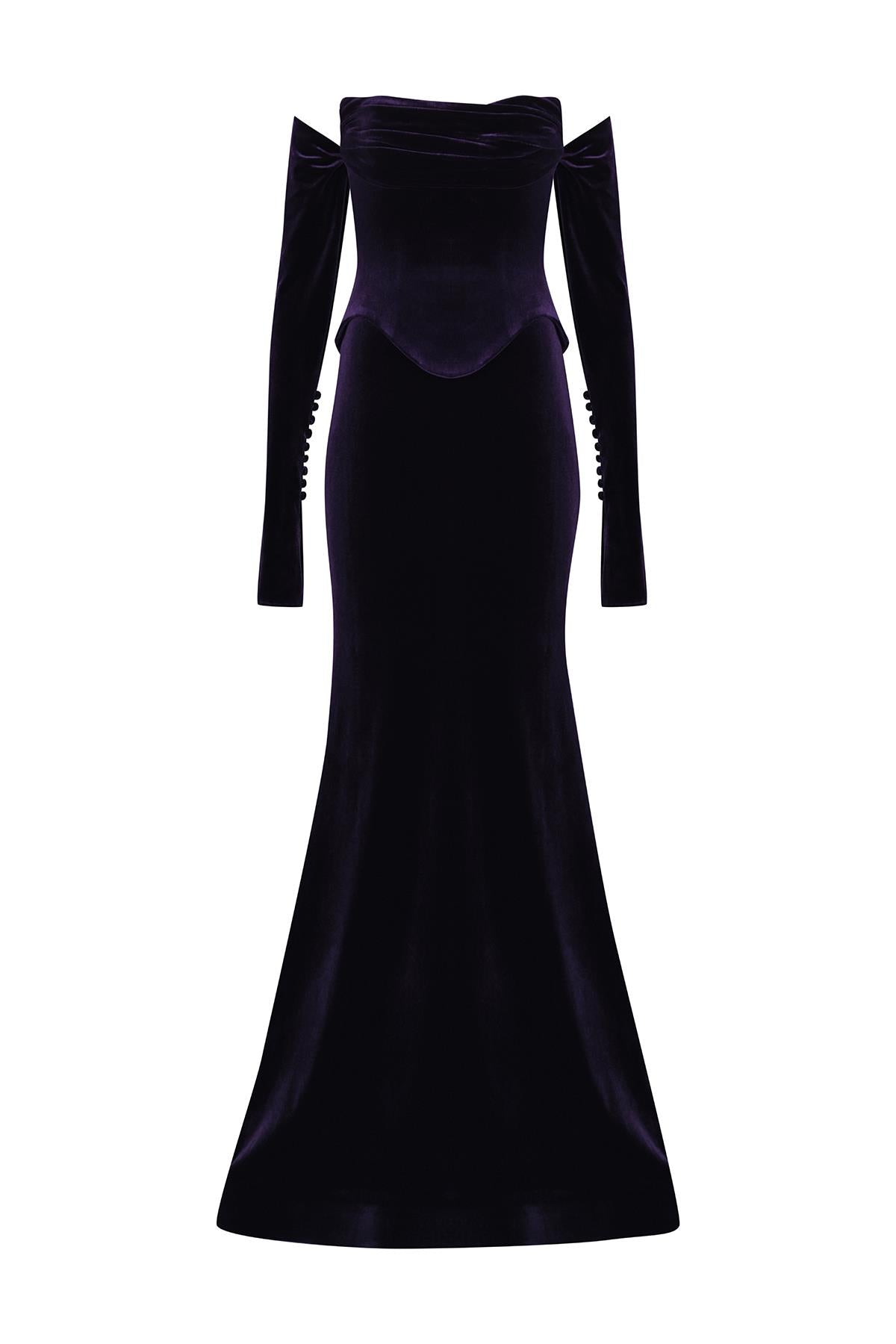 فستان سهرة مخملي بدون حمالات بأكمام قصيرة وقصة ذيل السمكة