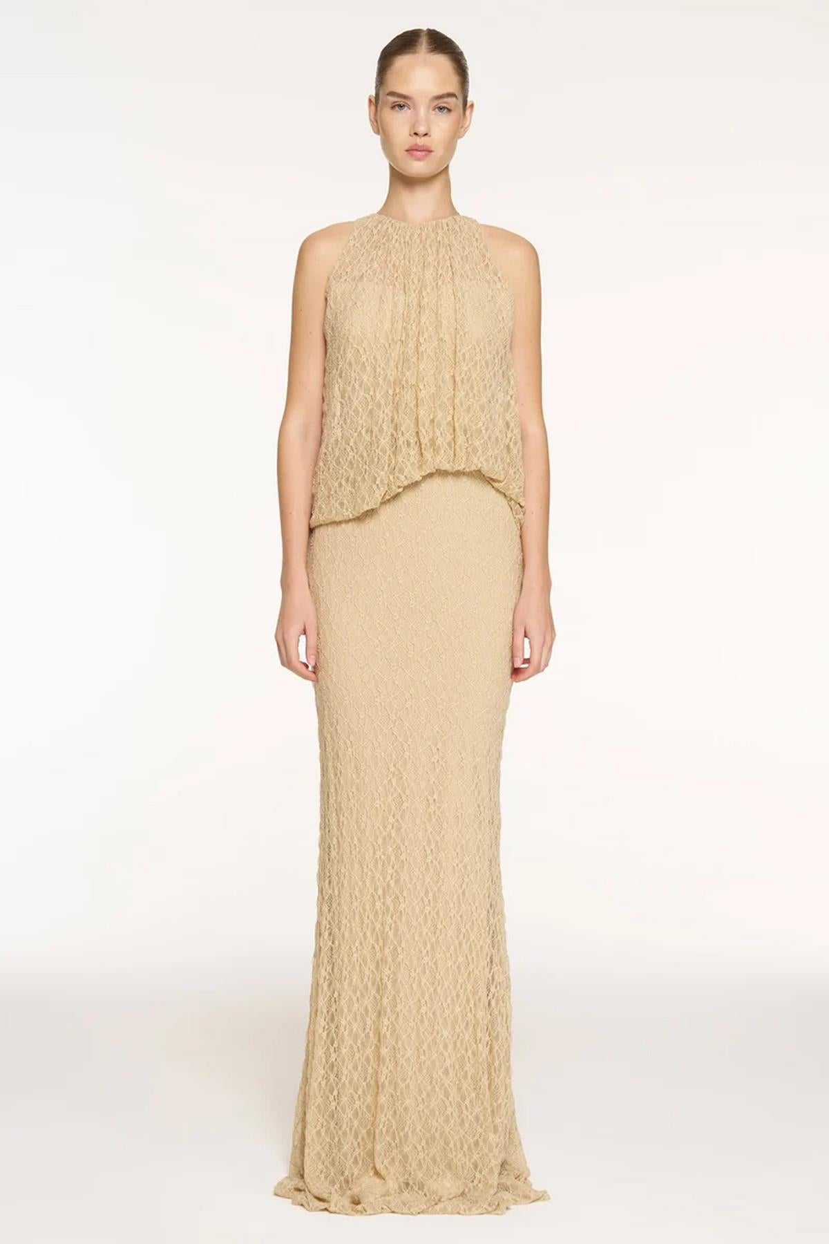 Dantel Detaylı Drapeli Kolsuz Uzun Abiye Elbise