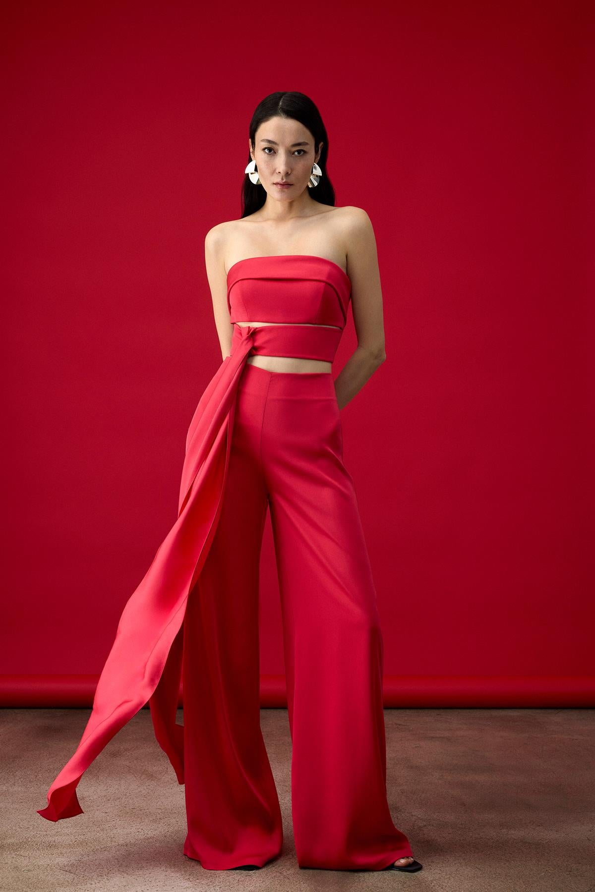 Kuşak Detaylı Straplez Bol Paça Pantolon Crop Abiye Takım