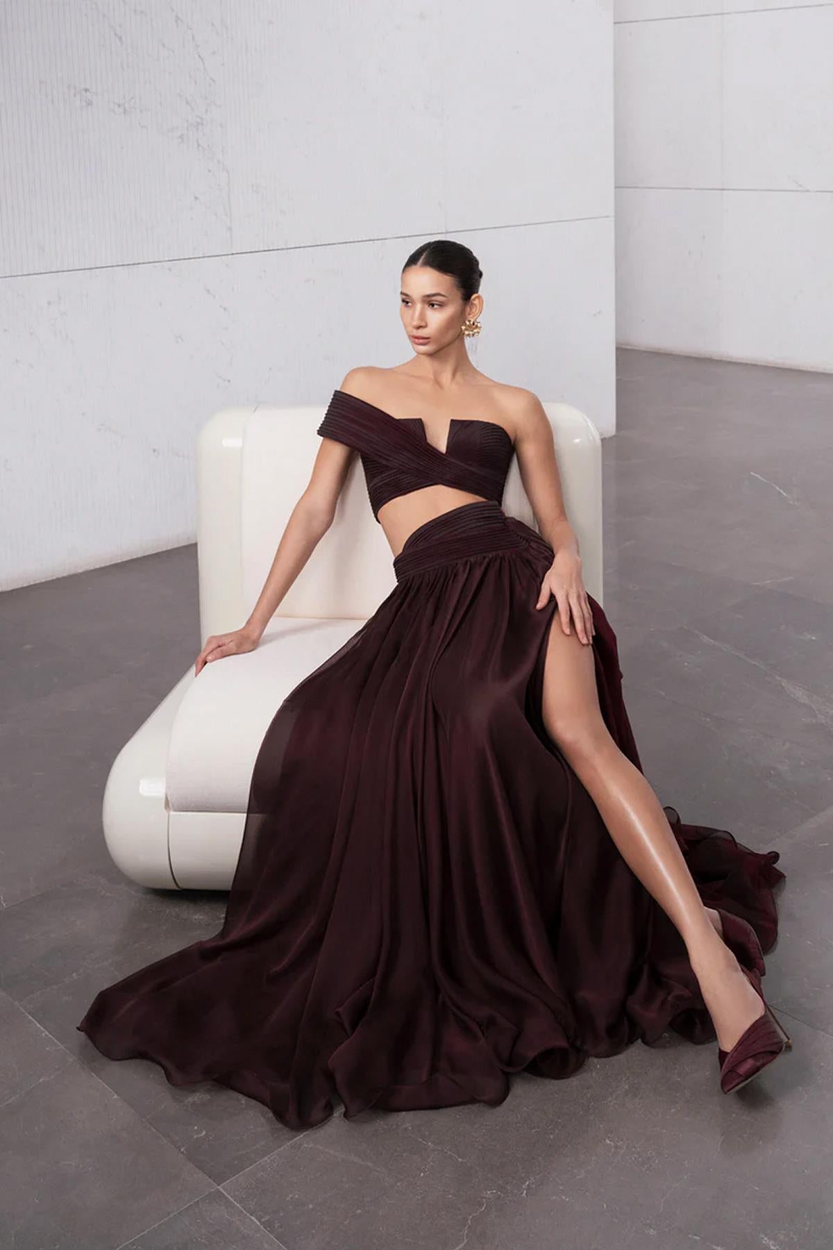 Drapeli Yırtmaç Detaylı Crop Etek Takım