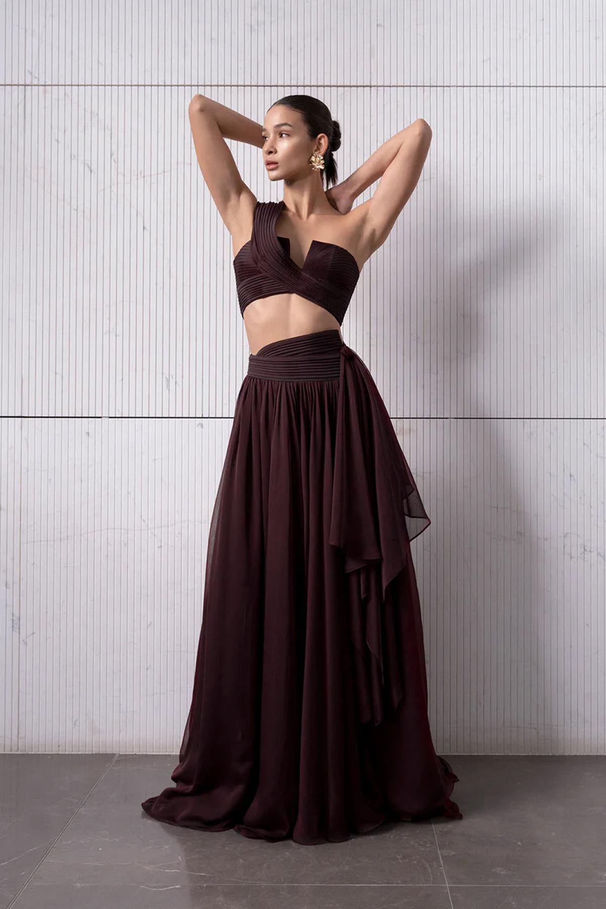 Drapeli Yırtmaç Detaylı Crop Etek Takım