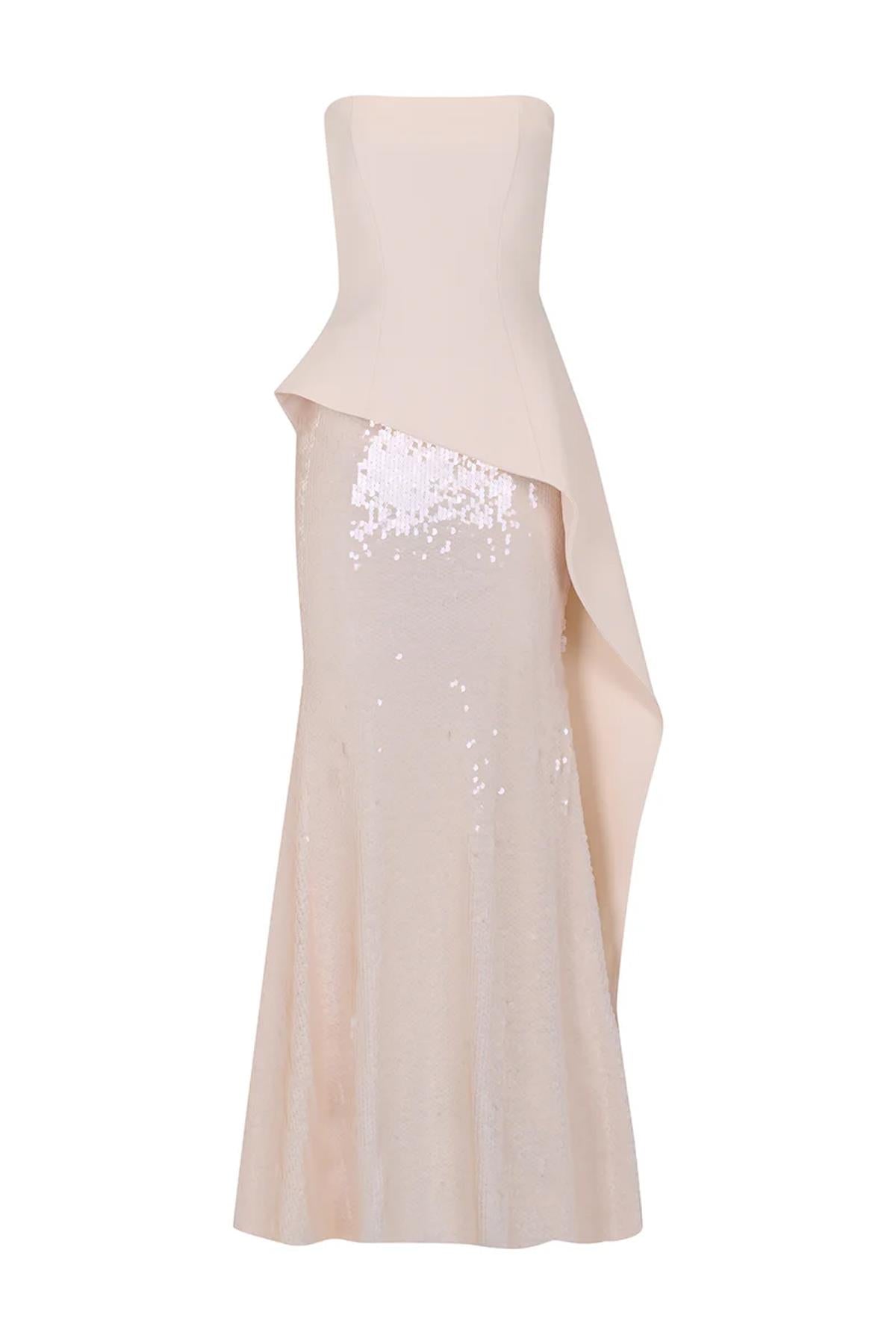 Pul Payet İşlemeli Straplez Krep Abiye Elbise