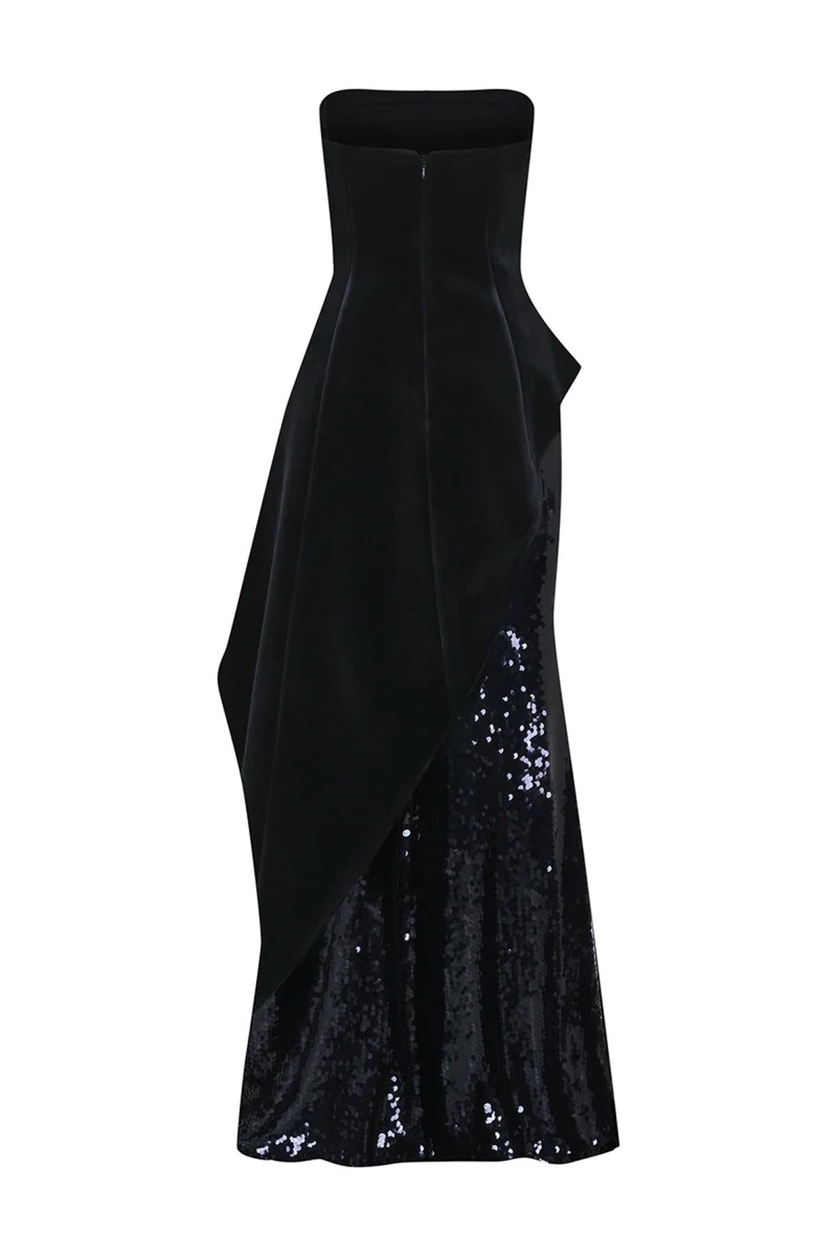 Pul Payet İşlemeli Straplez Kadife Abiye Elbise