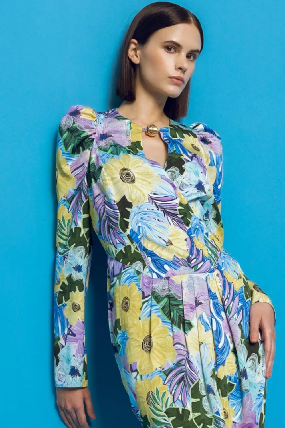 Kameya Çicek Desenli Pilei Asimetrik Kesim Midi Elbise - Eser Giyim