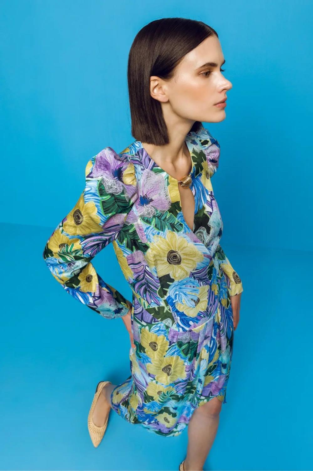Kameya Çicek Desenli Pilei Asimetrik Kesim Midi Elbise - Eser Giyim