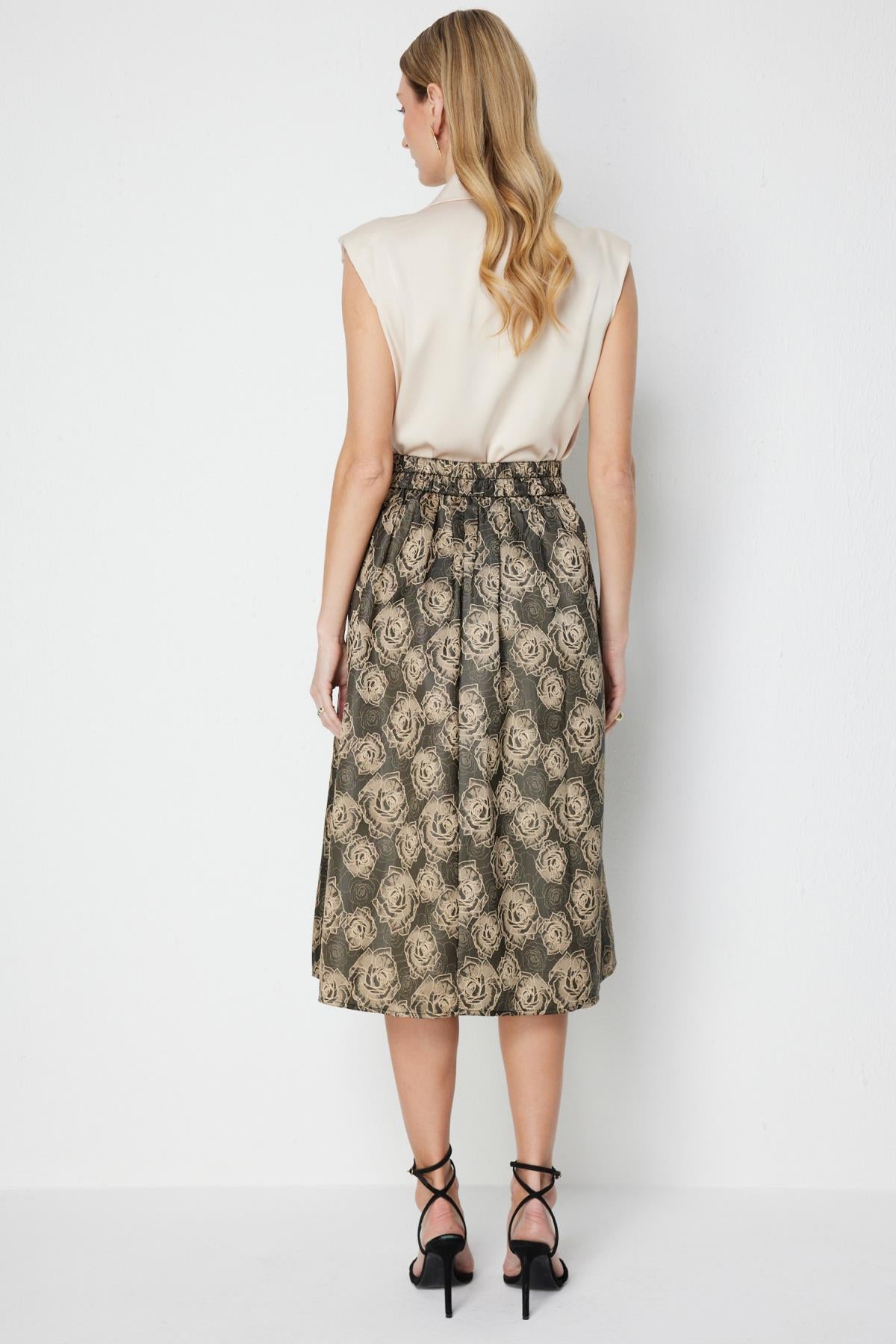 Çiçek Desenli Pileli Midi Etek